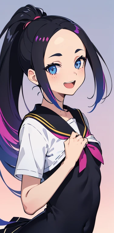 Realistic、1girl、black hair、(forehead:1.3),blue eyes、open stance,(ponytail),(eye focus:1.3,upper body),(gradient eyes:1.3), JK: 1.1,(sailor uniform
)、(Open mouth happy smile:1.3),cute face、,(tareme:1.3),(small breasts:1.3),(colorful background:1.5),colorful