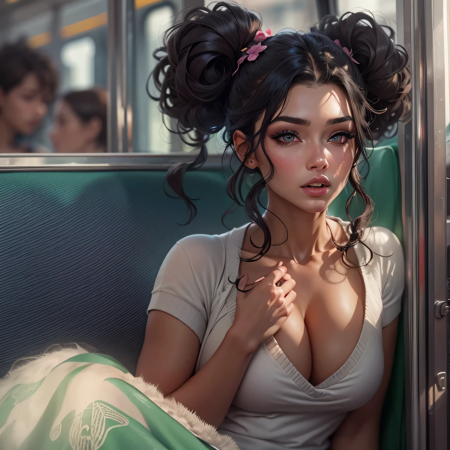 A stunningly beautiful woman, an adult, was sitting on the bus with her large body taking up quite a bit of space. Her long, dark hair was tied neatly in a ponytail that hung over one shoulder, with a playful tail curling over the other. Her eyelids were adorned with intricate makeup, lined with kohl to frame her bright, dark eyes. She was wearing a simple white T-shirt that hugged her ample cleavage, and a cozy cream sweater draped over it, adding a soft, comfortable layer. The blue jeans she wore fit her generously, adjusting to her curves. A black leather bag was slung over her shoulder, and