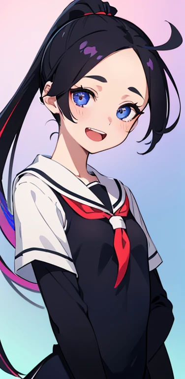 Realistic、1girl、black hair、(forehead:1.3),blue eyes、open stance,(ponytail),(eye focus:1.3,upper body),(gradient eyes:1.3), JK: 1.1,(sailor uniform
)、(Open mouth happy smile:1.3),cute face、,(tareme:1.3),(small breasts:1.3),(colorful background:1.5),colorful
