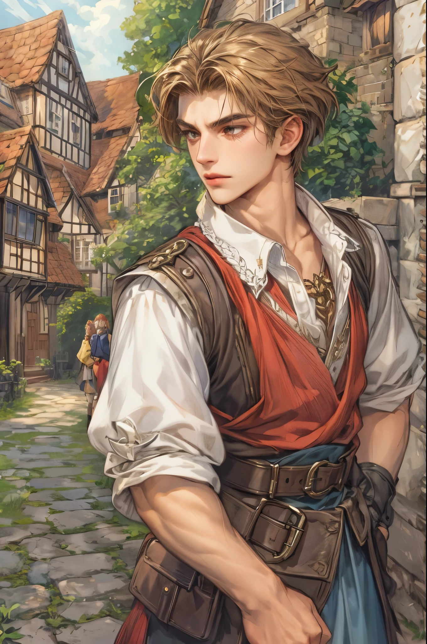 (masterpiece,best quality,ultra_detailed,highres,absurdres), close-up , perfect face, handsome, shorthair, character from gba game shining force, detailed scenery of town england style, detailed character