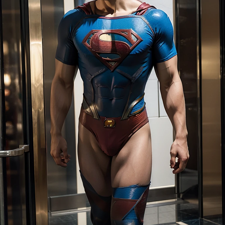 Man body setting,Superman costume tights , (bare thighs ) , sexy , NSFW , eroticism , R18 , seduction, standing , high cut thong , big thighs , fat hips