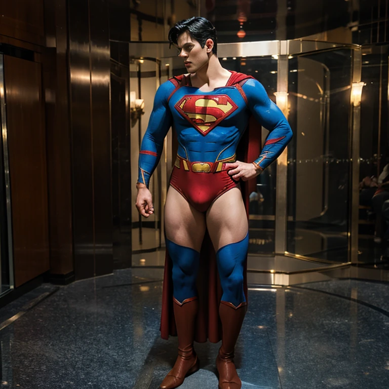 Man body setting,Superman costume tights , (bare thighs ) , sexy , NSFW , eroticism , R18 , seduction, standing , high cut thong , big thighs , fat hips