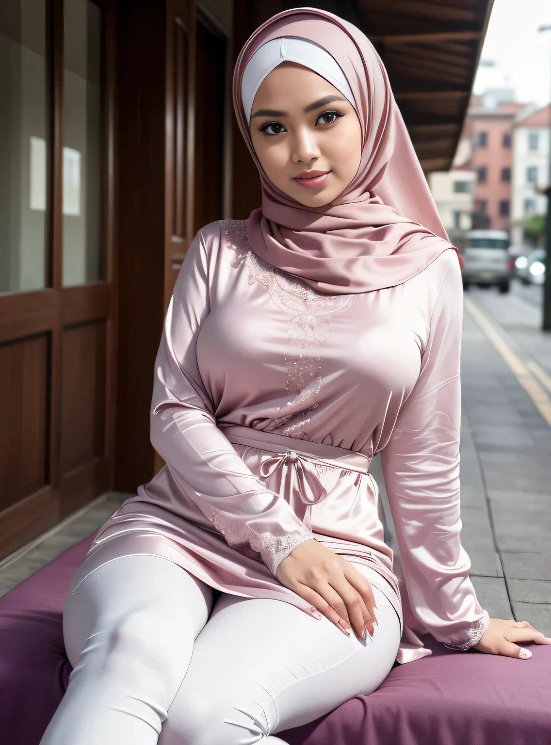 (Best quality, high resolution, masterpiece: 1.3), a beautiful malay woman in hijab, big breasts, slim figure, sweatshirt, beautifully presented details in the street and facial and skin texture, detailed eyes, double eyelids, big eyeschest visible, shirt openfeatures), HDR, 8k resolution, nice fingers, firm skin, (((high detail skin, visible pores))), 1 female, tall body, sitting on the bed, 30 years old, big breasts: 1.4, wearing Floral Silk Tight Malay Gamis Pastel Close Up Tight Hijab, Full Body, Beautiful Shy Smile, Wearing High Heels, In L