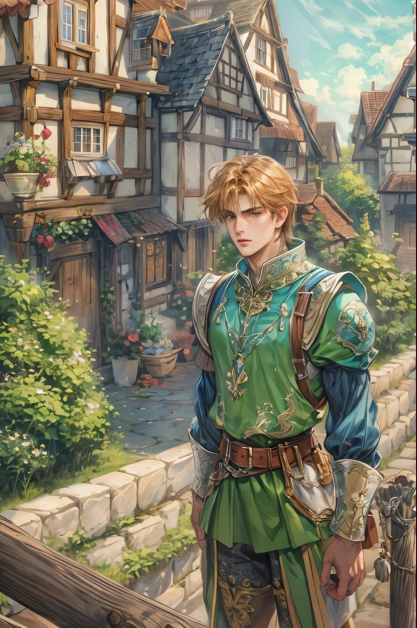 (masterpiece,best quality,ultra_detailed,highres,absurdres),1boy, perfect face, handsome, shorthair, character from gba game shining force, detailed scenery of town england style, detailed character