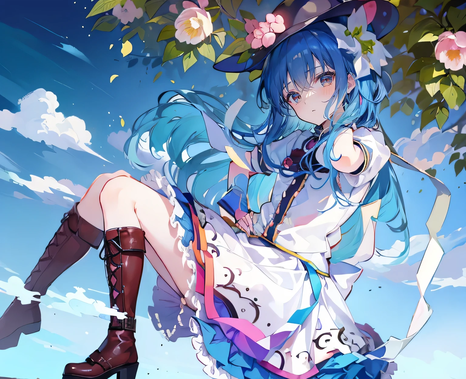 (masterpiece),best quality, expressive eyes, perfect face, 1girl,
Put your hands on your waist,Fair, Gorgeous,japanese manga,girl,Laura,young angel, blue hair, blue haired, floating clothes,grab your waist, grab your waist, hands on hips , hands on hips,sit, sit on ground, legs on the ground, flat chest