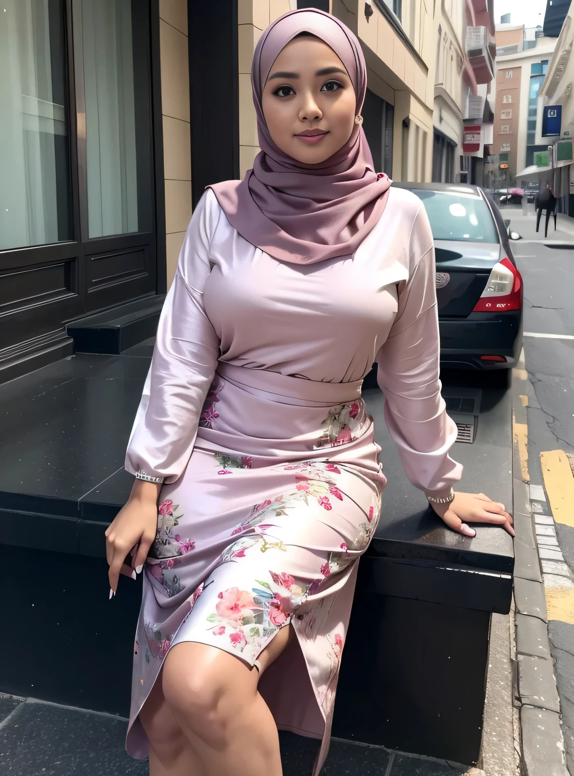 (Best quality, high resolution, masterpiece: 1.3), a beautiful malay woman in hijab, big breasts, slim figure, sweatshirt, beautifully presented details in the street and facial and skin texture, detailed eyes, double eyelids, big eyeschest visible, shirt openfeatures), HDR, 8k resolution, nice fingers, firm skin, (((high detail skin, visible pores))), 1 female, tall body, sitting on the bed, 30 years old, big breasts: 1.4, wearing Floral Silk Tight Malay Gamis Pastel Close Up Tight Hijab, Full Body, Beautiful Shy Smile, Wearing High Heels, In L