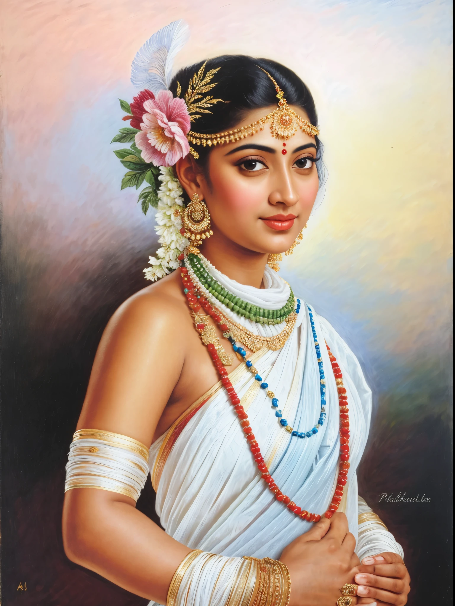 Beautiful Indian Woman, wearing saree, sari Beauty, gorgeous, Apsara, Maharani, royal queen woman, nymph from Hindu Mythology, Urvashi, matchless beauty, Highly detailed, Oil Painting by Peter Paul Rubens inspired by Raja Ravi Varma, Matchless beauty, captivating, gorgeous, heavenly beauty, celestial beauty, by Peter Paul Rubens, 13, realistic, hyper realistic, micro details, incredible artwork, insane details, ultra High resolution, 8k, 32k, acrylic on canvas, intricate, flawless, detailed, detailed face, detailed eyes, masterpiece, by Peter Paul Rubens, by Caravaggio, by William Adolphe bouguereau, perfect face, perfect body, beautiful art, realism, baroque, renaissance Art, highly textured, beautiful and detailed eyes, uhd, best quality,
