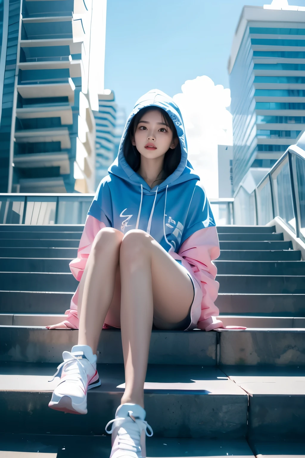 1 girl,blue sky空,blurred background,architecture,City,cloud,cloudy sky空,sky,depth of field,hood,hooded Jacket,hoodie,Jacket,side,orange hoodie,look up,shoe子靠近相机,from below,whole body,lips,long sleeve,looking at the audience,motion blur,outdoor,parted lips,railing,shoe,shorts,sitting,sky空,运动shoe,alone,stairs