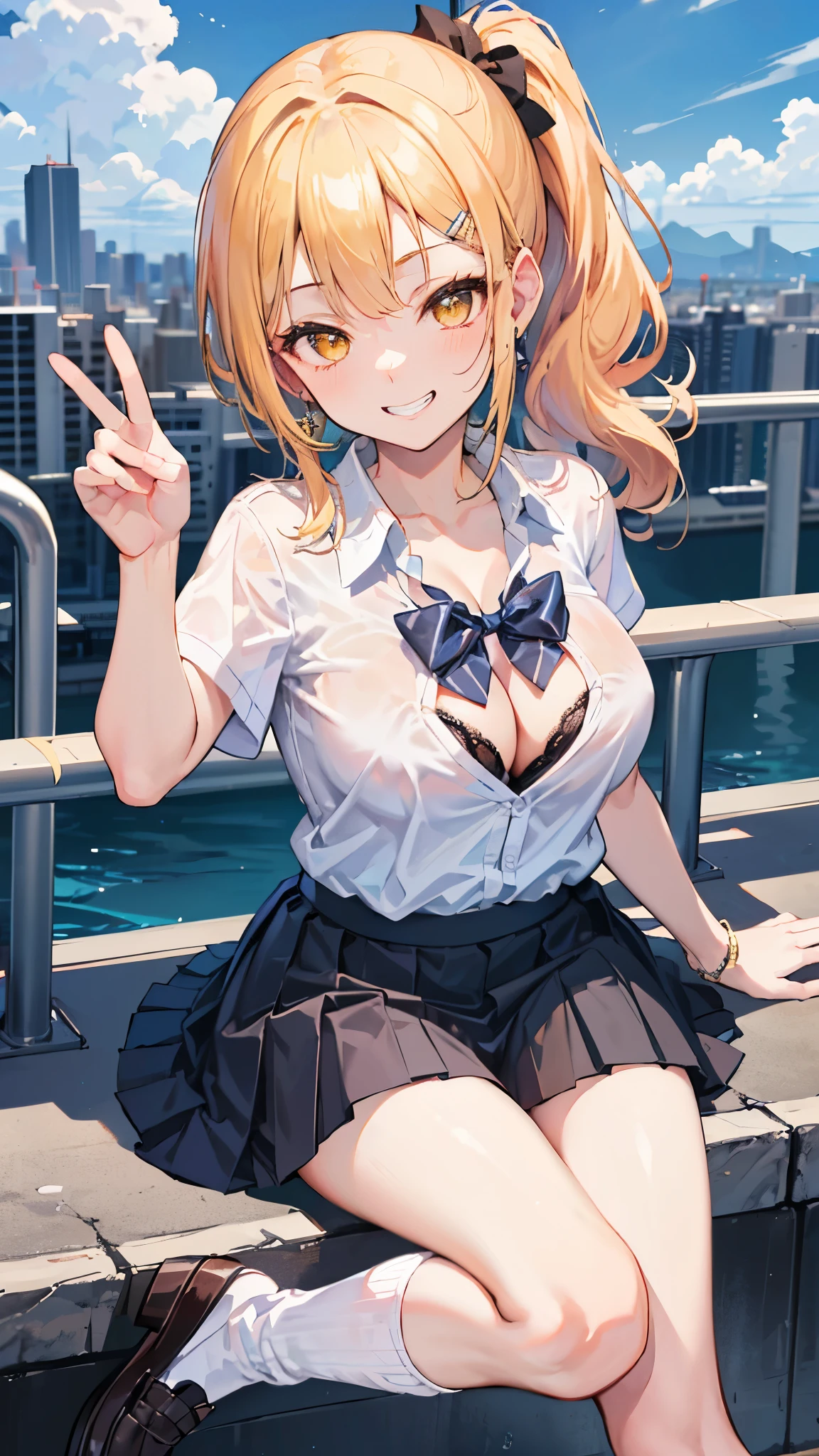 (8K、Highest image quality、highest quality、masterpiece)、detailed face、1 girl、gyaru、yellow hair、side ponytail、golden eyes、evil smile、((grin))、Moderate chest、((white shirt))、short sleeve、((cleavage))、((black pleated skirt))、white socks、loafers、sit、city background