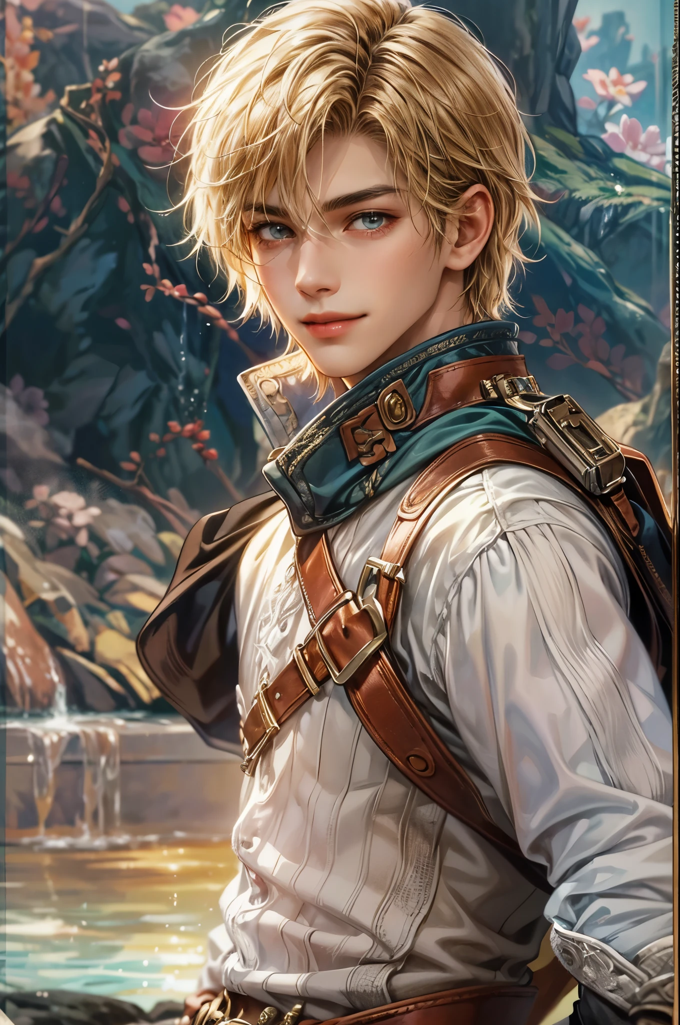 Portrait of the highest quality - 1 boy., , teenage, character from Final Fantasy XII, short hair, with golden eyes, big eyes, lake, Solo-focal facial treatment for teenagers, shirtless , Beautiful, smiling, dynamic pose, detailed and correct facial structure, perfect face, extremely detailed, Dynamic angle, cowboy shot, The Most Beautiful Shape, elegant, Bright colors, romanticism, atmospheric. Bright, contrasting colors ! photo portrait of a handsome boy in the highest quality
