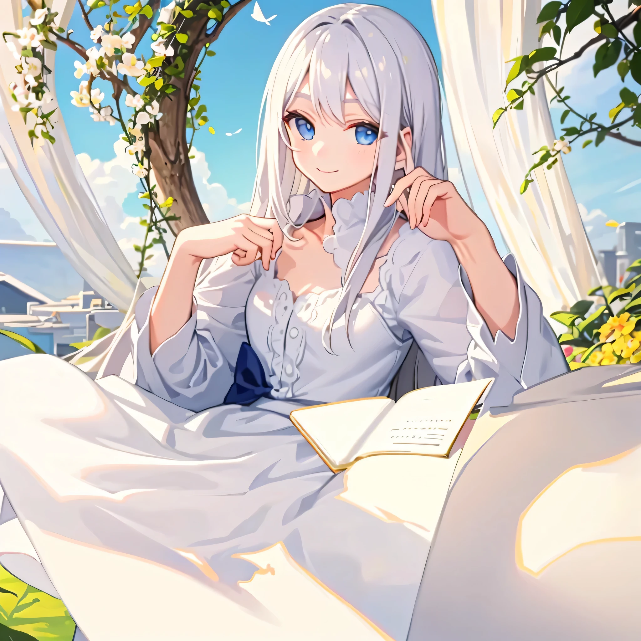 gentle smile,open a book and look at it,