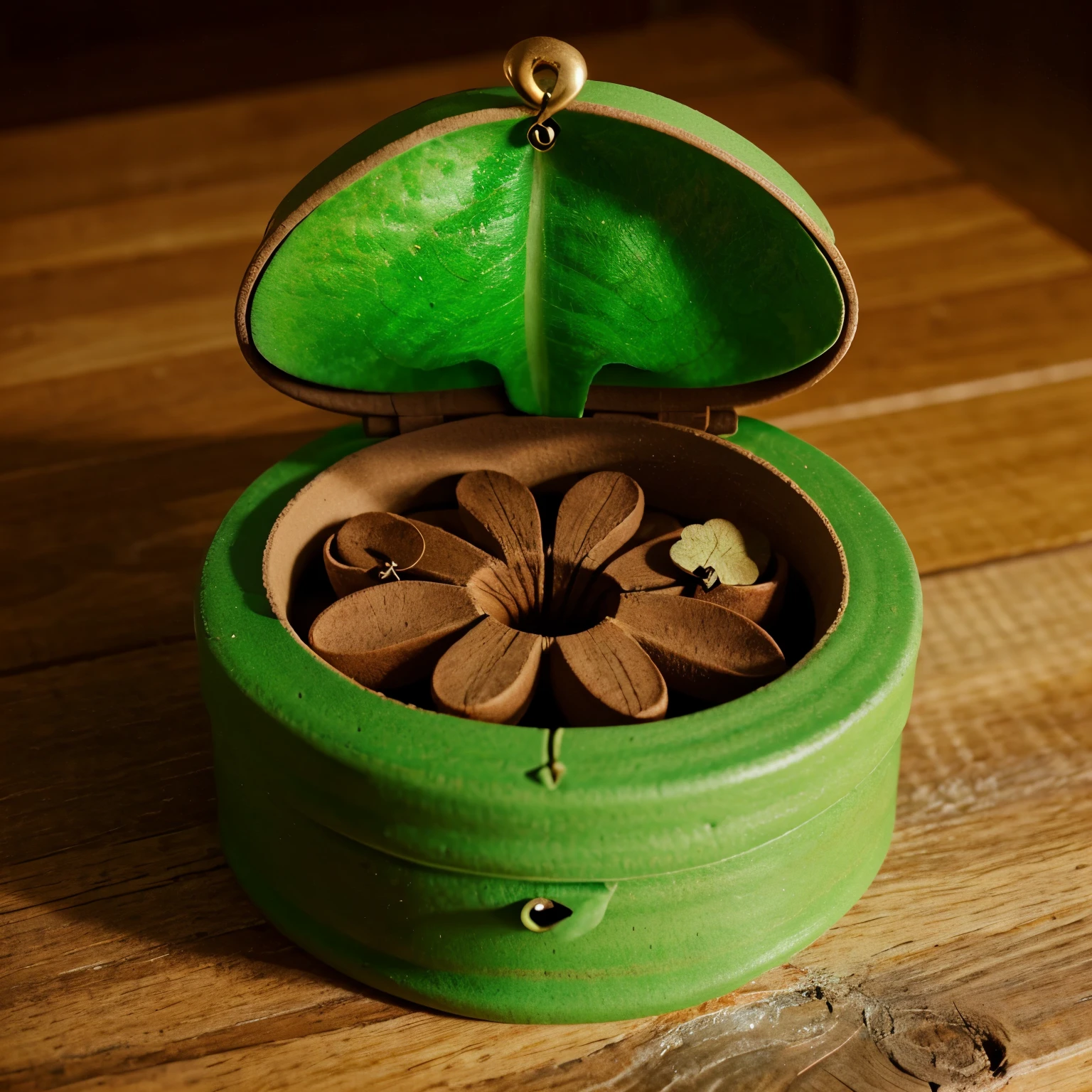 I need you to design a simple clay jewelry box in the shape of a four-leaf clover. 