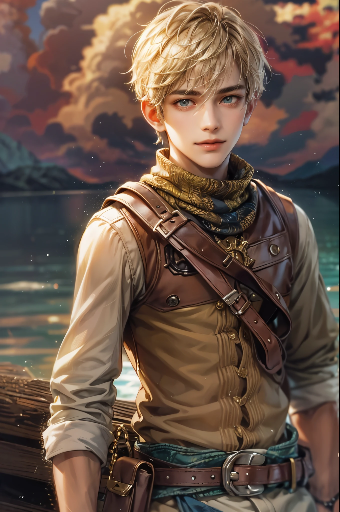 Portrait of the highest quality - 1 boy., 17 years, teenage, character from Final Fantasy XII, short hair, with golden eyes, big eyes, lake, Solo-focal facial treatment for teenagers, shirtless , Beautiful, smiling, dynamic pose, detailed and correct facial structure, perfect face, extremely detailed, Dynamic angle, cowboy shot, The Most Beautiful Shape, elegant, Bright colors, romanticism, atmospheric. Bright, contrasting colors ! photo portrait of a handsome boy in the highest quality