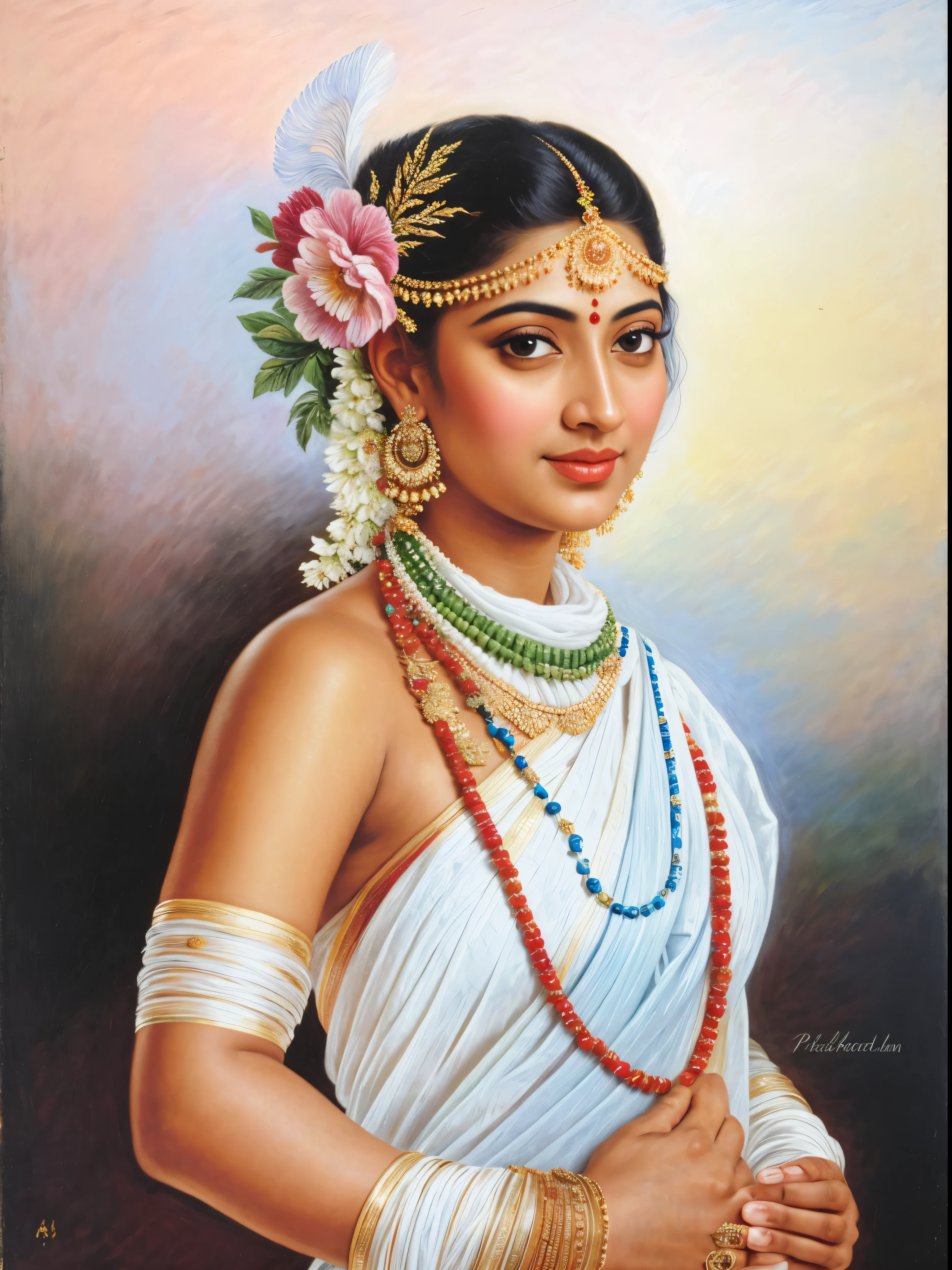 Beautiful Indian Woman, wearing saree, sari Beauty, gorgeous, Apsara, Maharani, royal queen woman, nymph from Hindu Mythology, Urvashi, matchless beauty, Highly detailed, Oil Painting by Peter Paul Rubens inspired by Raja Ravi Varma, Matchless beauty, captivating, gorgeous, heavenly beauty, celestial beauty, by Peter Paul Rubens, 13, realistic, hyper realistic, micro details, incredible artwork, insane details, ultra High resolution, 8k, 32k, acrylic on canvas, intricate, flawless, detailed, detailed face, detailed eyes, masterpiece, by Peter Paul Rubens, by Caravaggio, by William Adolphe bouguereau, perfect face, perfect body, beautiful art, realism, baroque, renaissance Art, highly textured, beautiful and detailed eyes, uhd, best quality,