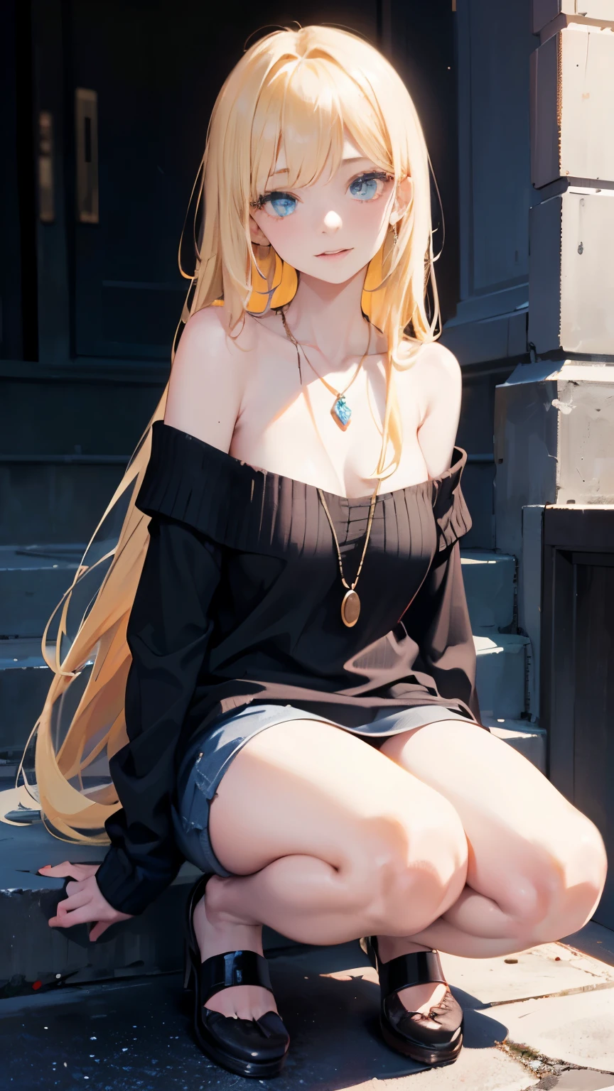 1 girl, 19 years old, extraordinary beauty、alone, long blonde hair, Huge , looking at the viewer, silky blonde hair, bare shoulders, bright pale blue eyes, gem, full body, necklace, off shoulder, black sweater, realistic, sexy 8k、terrible face、cheek gloss、small face beauty、