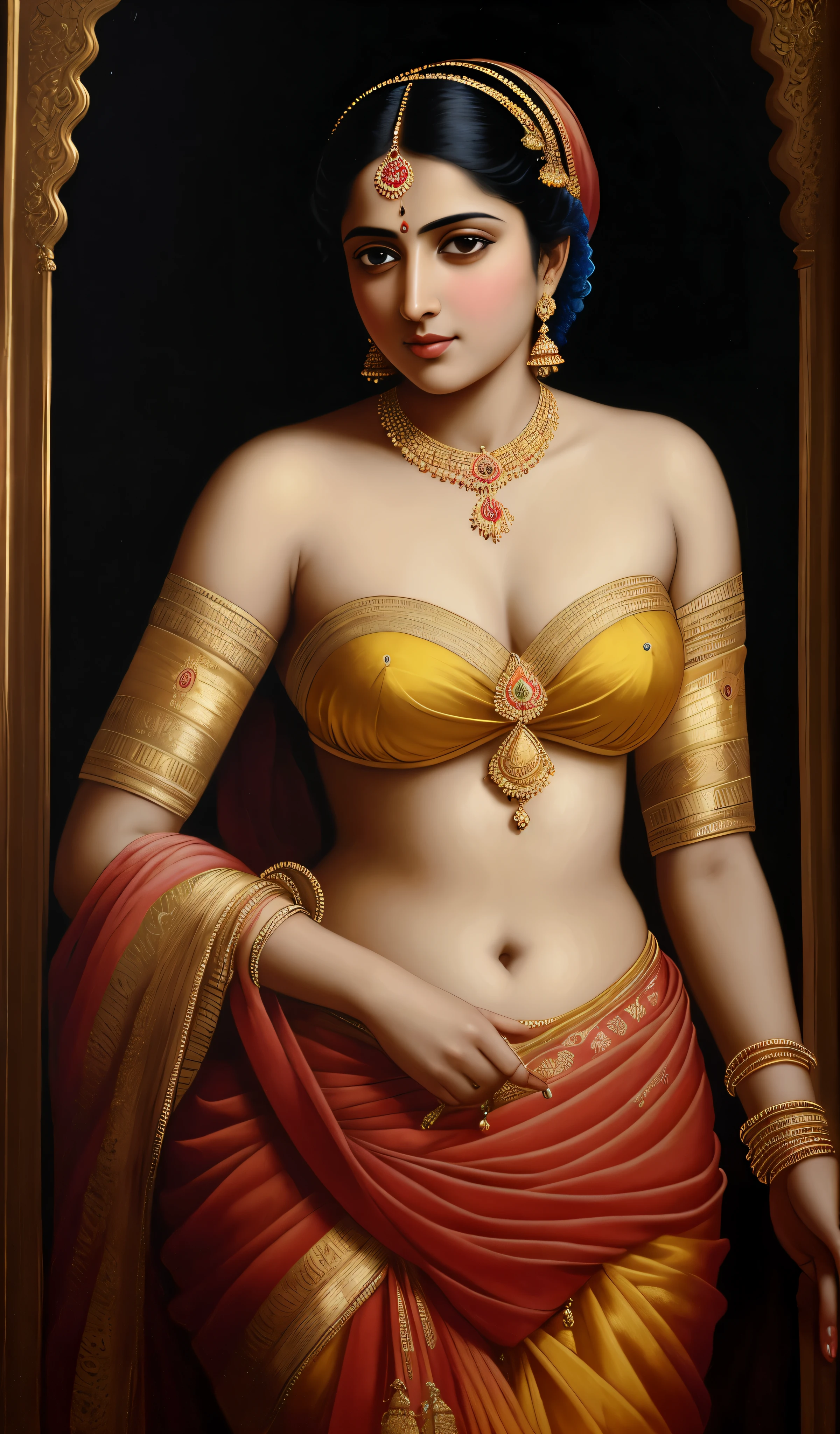 Masterpiece,8k uhd, hdr, realistic, hyper realistic, intricate, vibrant colour, painting of a woman in a yellow sari, pierced eyes, traditional beauty, inspired by Raja Ravi Varma, indian art, by Raja Ravi Varma, painting of beautiful, inspired by T. K. Padmini, painting of a woman, by Sardar Sobha Singh, gorgeous woman, oil on canvas painting, traditional painting, oil-painting, intricate details, 19th century Academic Art, 