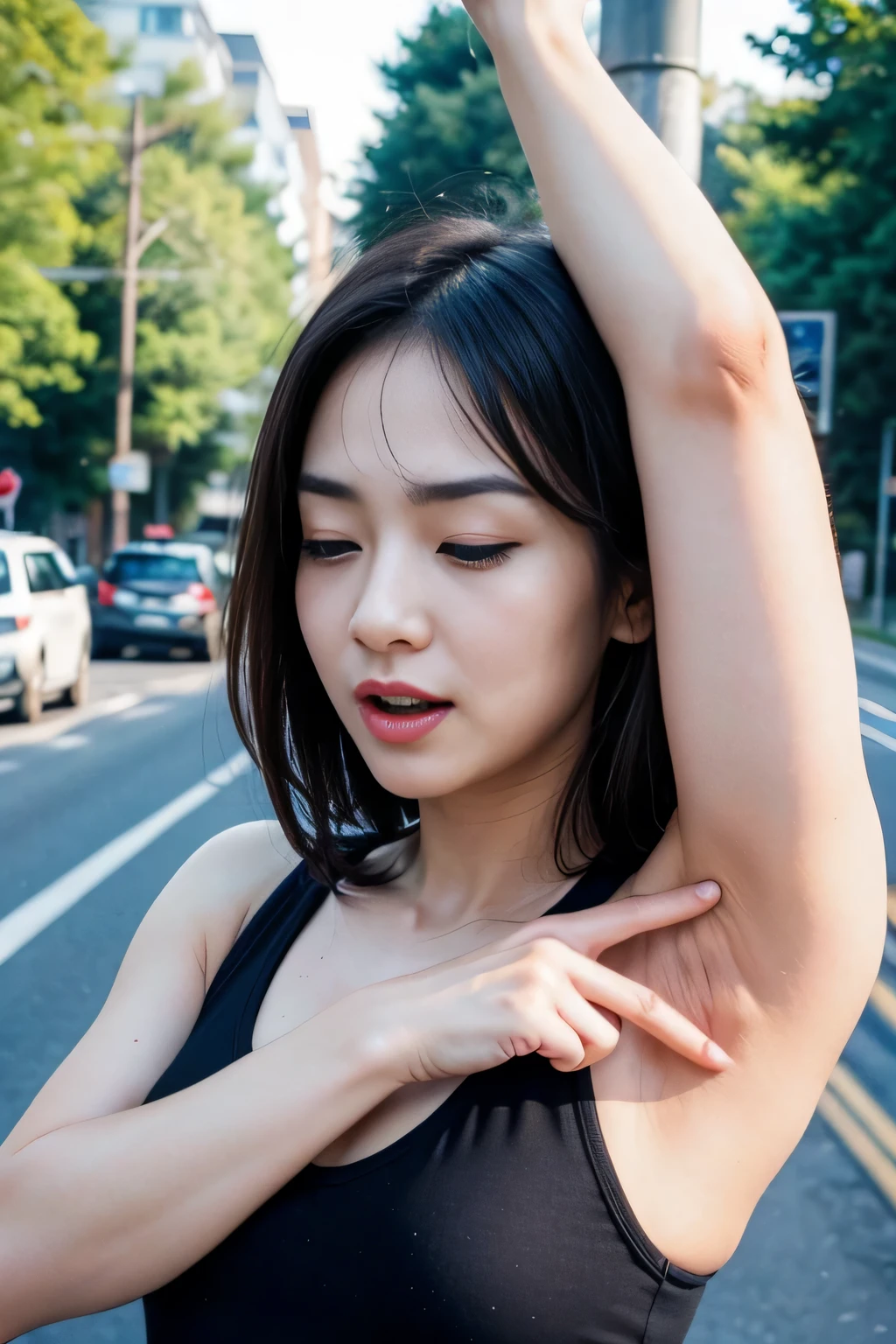 Tabletop,Awards - Winning Photos, Very detailed, Edge Orgasm, Woman with open mouth and closed eyes , Deeply chiseled face、Tank top、Long, pointed nose,,,,,,,,,,,,,,,,,,,,,,,,Strong Nose、length, Narrow nostrils、Sweaty, shiny skin、Lighting that accentuates the shine of sweat{Realistic nostrils}, Black-haired、Hiding behind a telegraph pole on the side of the road、there are many people behind me,There are several children nearby、Shapely breasts、Spread your armpits, skin))