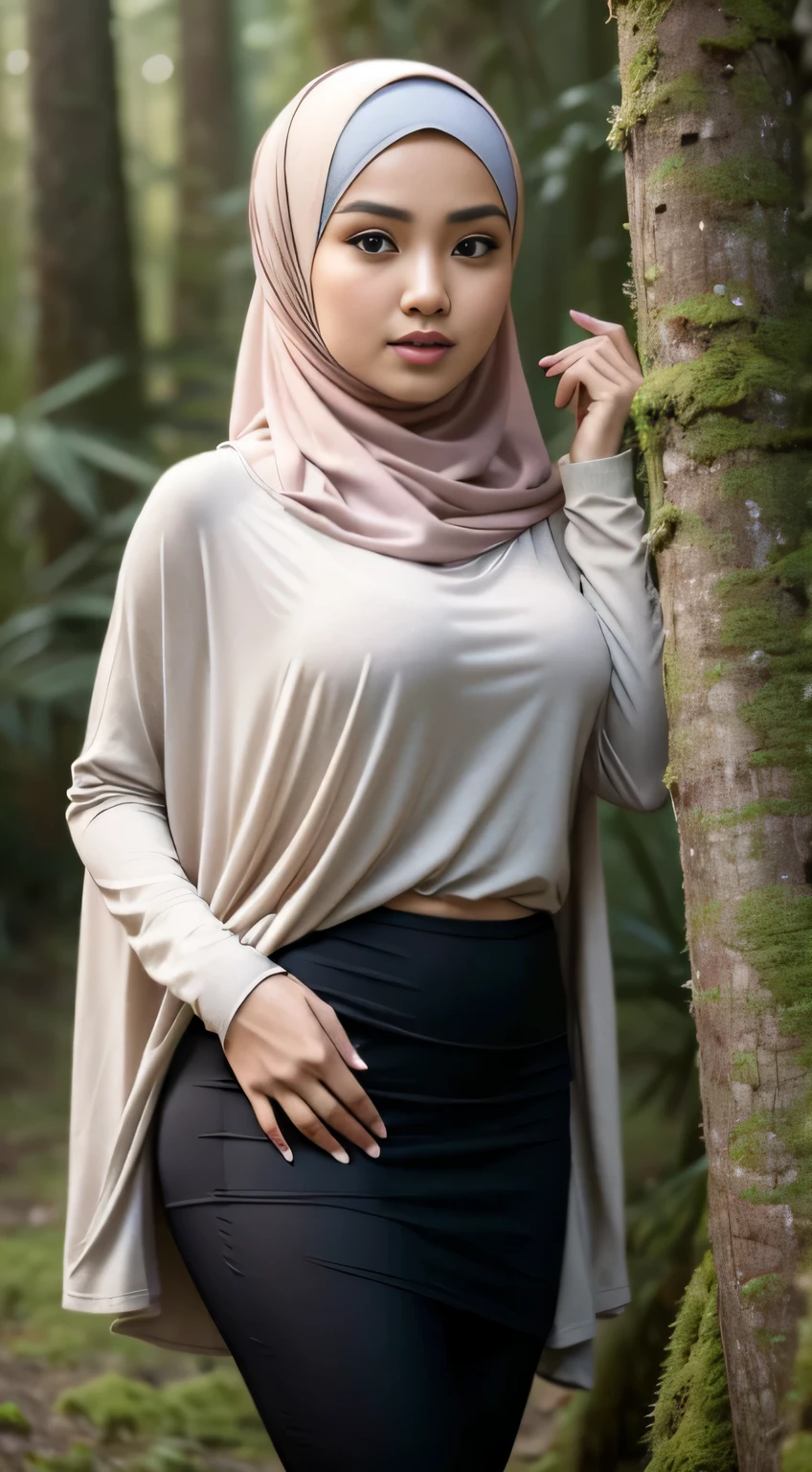 RAW, Best quality, high resolution, masterpiece: 1.3), Beautiful Malay woman in hijab (iu:0.8),looking at viewert,Portrait photography of a beautiful young malay girl in hijab wearing tight long sleeve tshirt and short skirt with leggings celebrate birthday, big breast,Detailed eyes, Slipping on the mossy ground rain in forest, diffuselighting, depth of fields