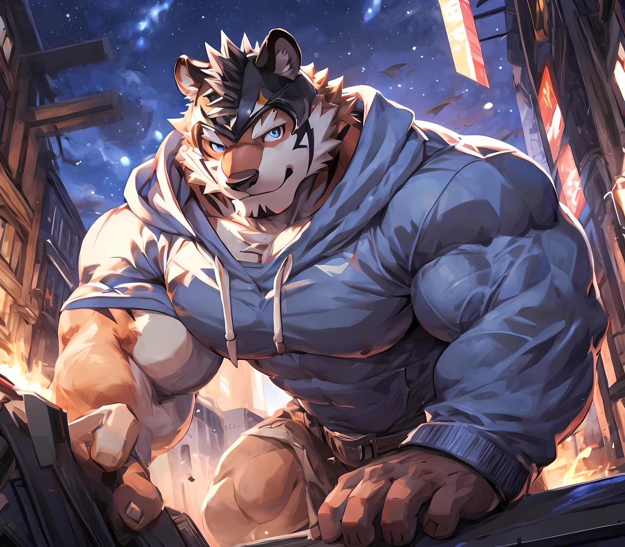 bynamic angle,depth of field, motion blur, absurdres,looking at viewer, (best quality), (masterpiece), (ultra detailed),(detailed eyes),sharp focus,japanese anime,manga,anthro male white tiger,(muscular),big fellow,huge body,((sweatshirt)),sky blue eyes,handsome,night,(flex one’s biceps),by null-ghost,by traver009,by lindong,by pino daeni