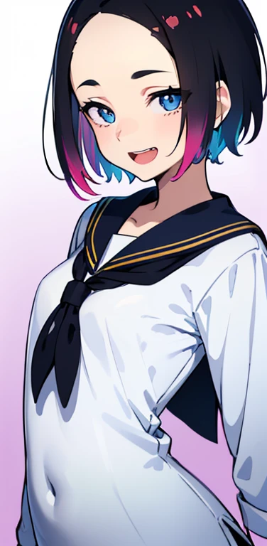 Realistic、1girl、black hair、(forehead:1.3),blue eyes、open stance,(very short hair),(eye focus:1.3,upper body),(gradient eyes:1.3), JK: 1.1,(sailor uniform
)、(Open mouth happy smile:1.3),cute face、,(tareme:1.3),(small breasts:1.3),(colorful background:1.5),colorful
