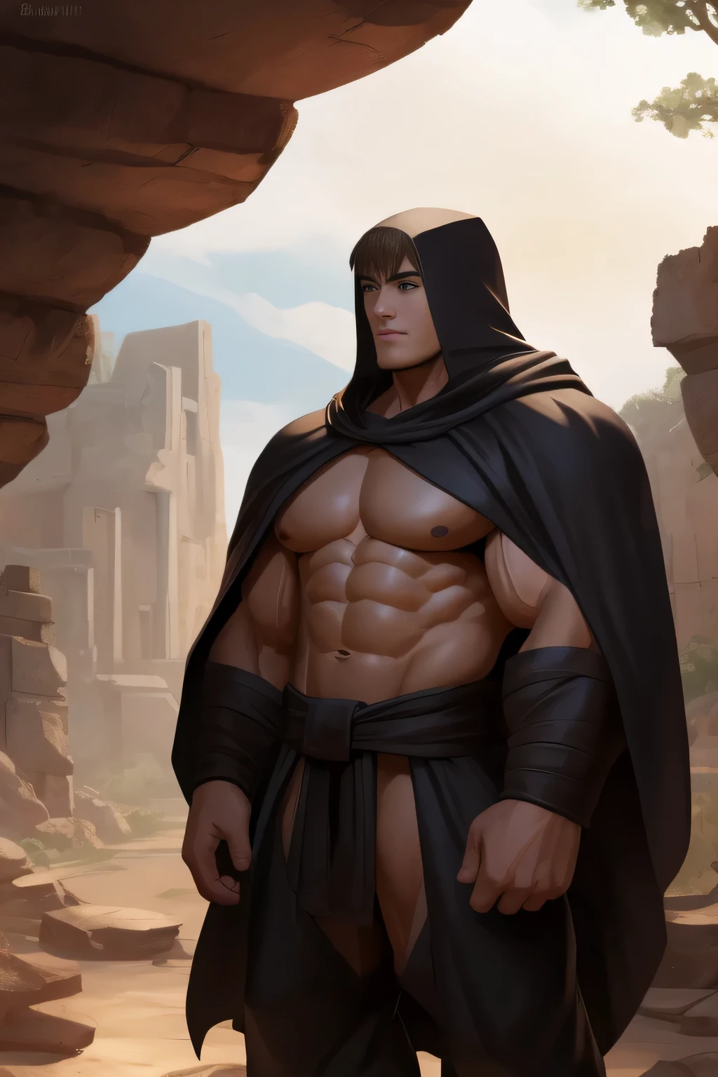 Background image of a rocky desert with a beautiful river behind it. a man (human) 20 years old, beardless, young face, young man, young , long hair bangs that fall on both sides of his youthful face. Attractive. handsome face, tall and body full of huge muscles. Very voluminous pectorals His shoulders as well as his back and chest were enormous, from shoulder to shoulder it seemed to be a meter long; On his chest were 2 enormous pectorals that were gigantic and very voluminous, proudly supported by 8 chiseled abs. His torso, from his shoulders to his waist, had the shape of a V which was very marked on his waist, his arms were as thick as a log. and his biceps were big and shapely. His buttocks were also wide, round and big and firm, and his thighs were almost as thick as his arms, or thicker if possible.
bodybuilder body. he wears brown Jedi-style baggy pants dark, cape, bare chest, hood off, open cape, Ruins of a Jedi temple with ancient stone statues in a rocky desert with an oasis in the distance. Jedi open tunic, yellow luminous blade lightsaber.