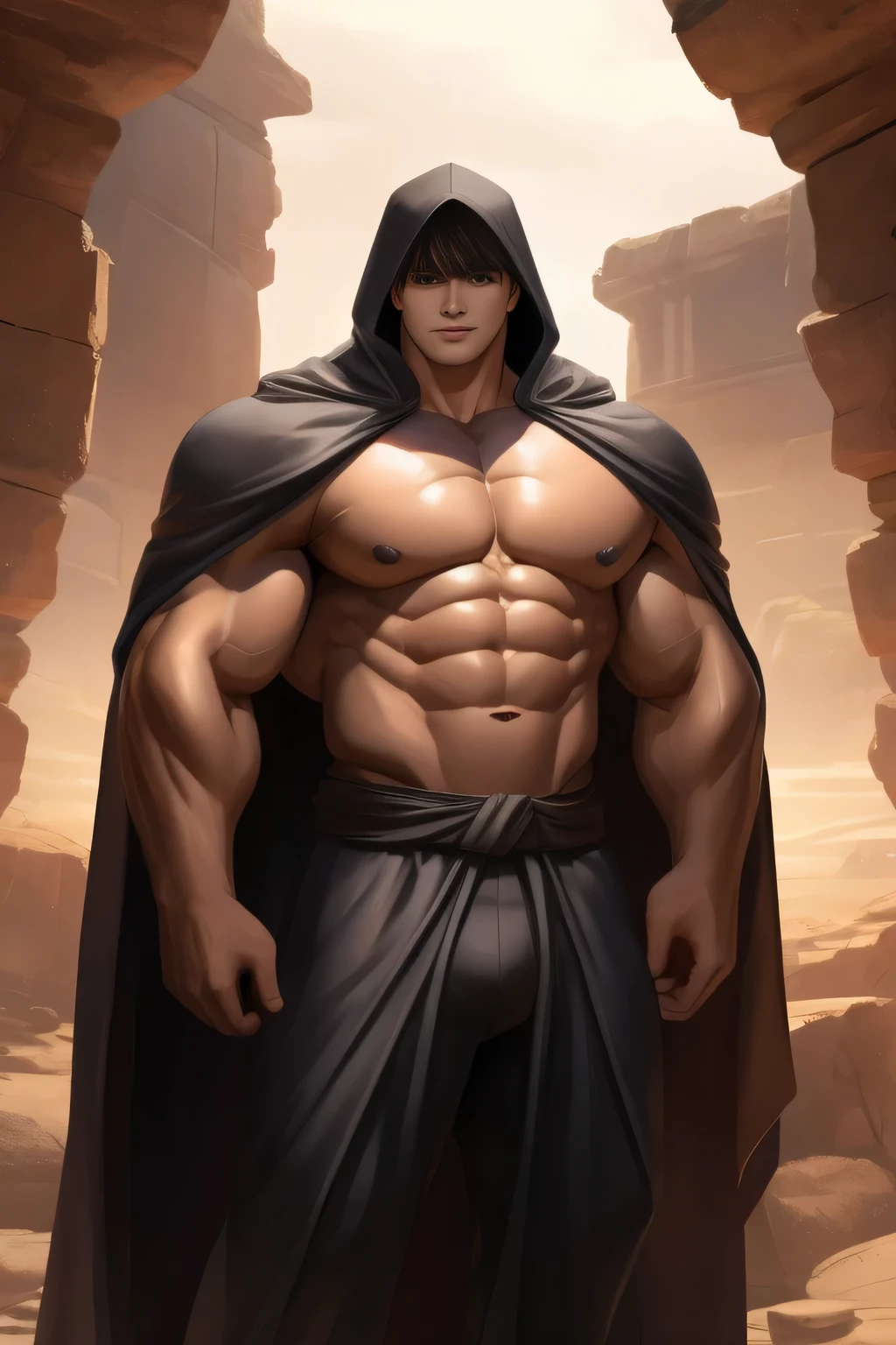 Background image of a rocky desert with a beautiful river behind it. a man (human) 20 years old, beardless, young face, young man, young , long hair bangs that fall on both sides of his youthful face. Attractive. handsome face, tall and body full of huge muscles. Very voluminous pectorals His shoulders as well as his back and chest were enormous, from shoulder to shoulder it seemed to be a meter long; On his chest were 2 enormous pectorals that were gigantic and very voluminous, proudly supported by 8 chiseled abs. His torso, from his shoulders to his waist, had the shape of a V which was very marked on his waist, his arms were as thick as a log. and his biceps were big and shapely. His buttocks were also wide, round and big and firm, and his thighs were almost as thick as his arms, or thicker if possible.
bodybuilder body. he wears brown Jedi-style baggy pants dark, cape, bare chest, hood off, open cape, Ruins of a Jedi temple with ancient stone statues in a rocky desert with an oasis in the distance. Jedi open tunic, yellow luminous blade lightsaber.