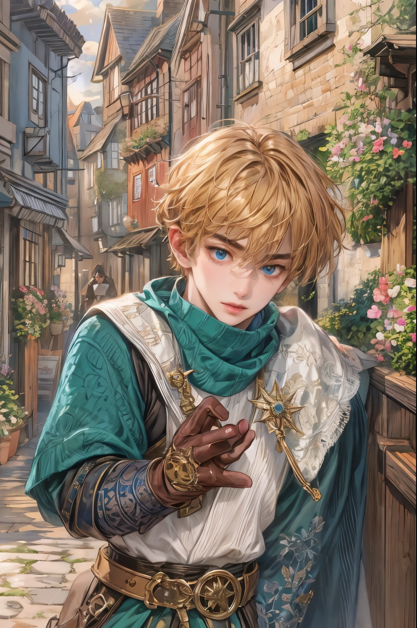 (masterpiece,best quality,ultra_detailed,highres,absurdres), close-up , perfect face, handsome boy, shorthair, character from shining force, detailed scenery of town england style, detailed character