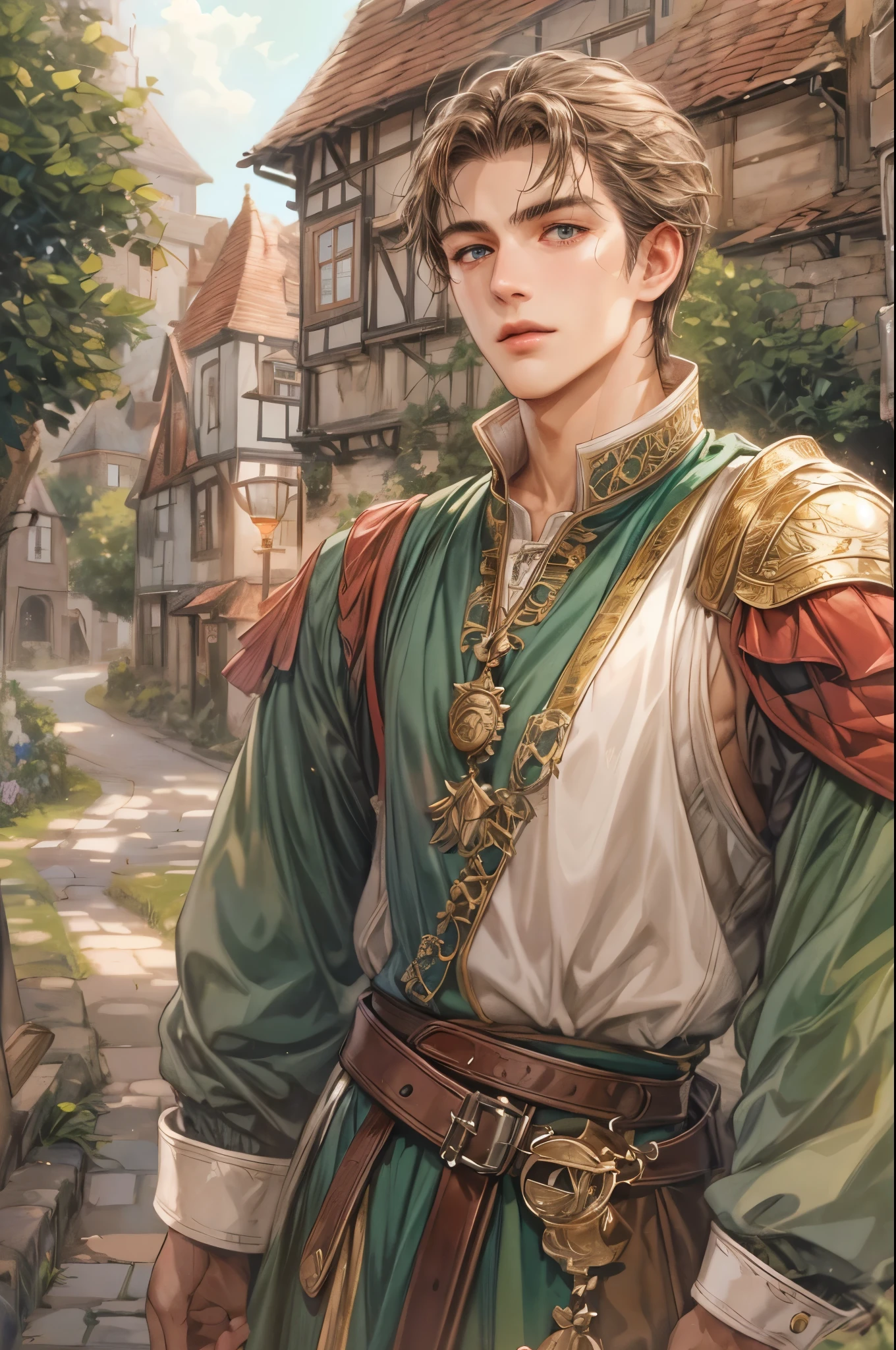 (masterpiece,best quality,ultra_detailed,highres,absurdres), close-up , perfect face, handsome boy, shorthair, character from shining force, detailed scenery of town england style, detailed character 