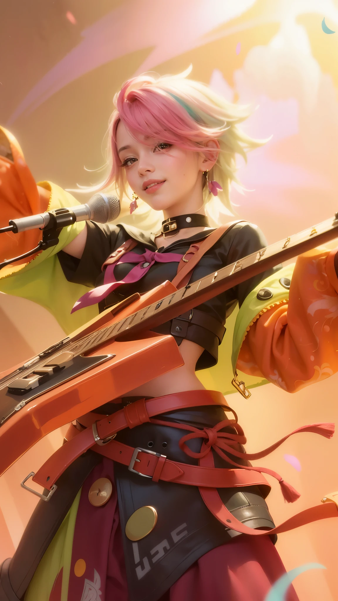 (8k, RAW photo, photorealistic:1.25) ,( lipgloss, eyelashes, gloss-face, glossy skin, best quality, ultra highres, depth of field, chromatic aberration, caustics, Broad lighting, natural shading, looking at viewer with a serene and goddess-like happiness, ultra detailed texture, hyper realistic, detailed texture, detailed face, detailed skin, detailed hair, real hair, detail eyes, cinematic background, a girl with pink hair holding a guitar, smile happy