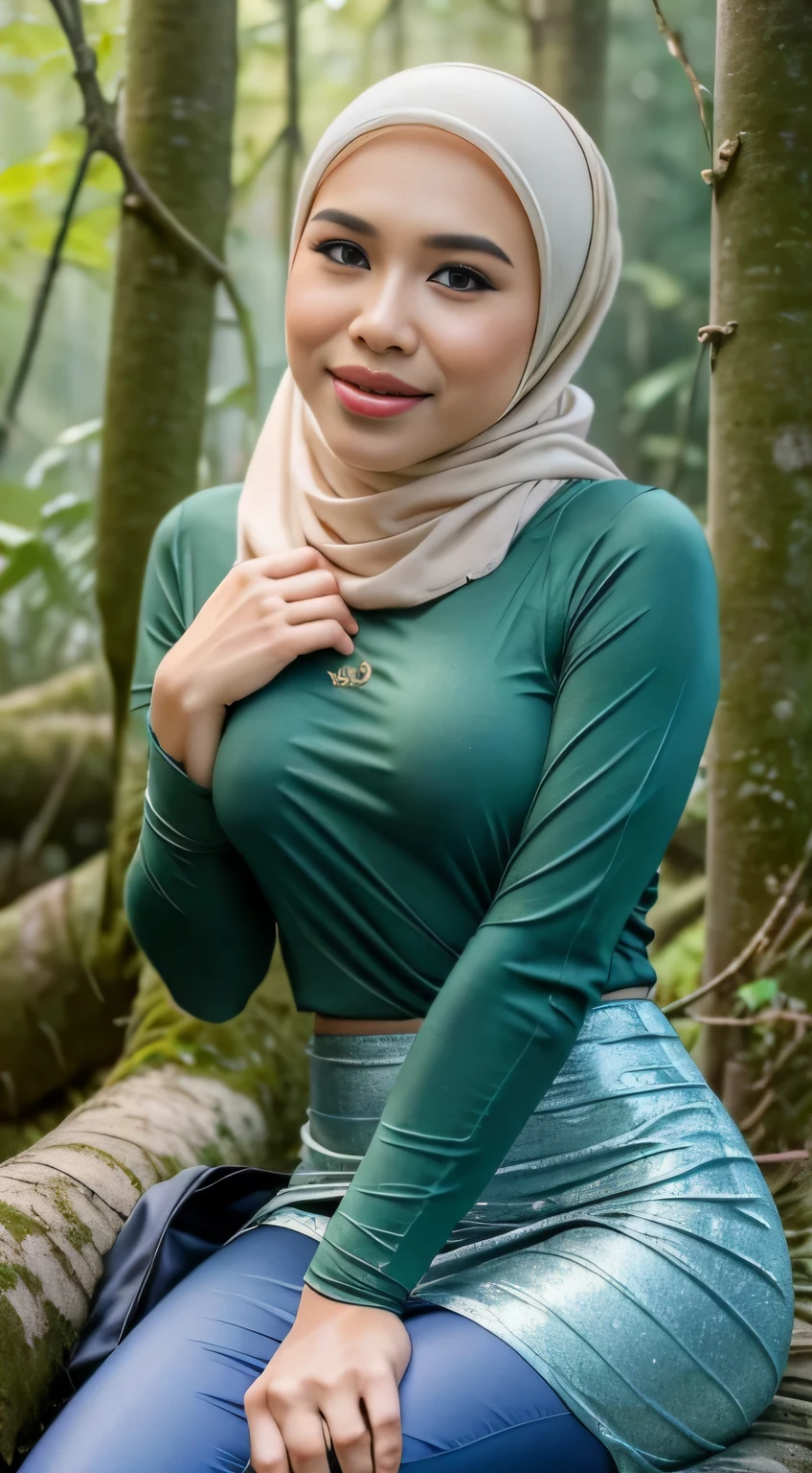 RAW, Best quality, high resolution, masterpiece: 1.3), Beautiful Malay woman in hijab (iu:0.8),looking at viewert,Portrait photography of a beautiful young malay girl in hijab wearing tight long sleeve tshirt and short skirt with leggings celebrate birthday, big breast,Detailed eyes, Slipping on the mossy ground rain in forest, diffuselighting, depth of fields