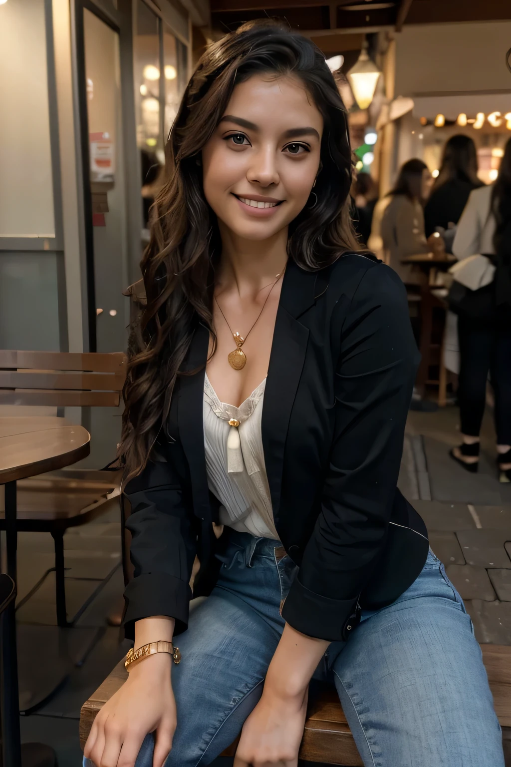 (in 8K, Raw-Photo, best quality, masterpiece:1.2), 1 girls , 20yo, 3/4 body, a beauty, asian, japanese mix, Balkans ancestry, slim normal body, black hair, (wavy hair), long hair,(Show your teeth and smile), looking at viewer, blazers, tucked in shirts, ripped skinny jeans, office outfit, professional look, (beads necklace:1.2), ((The highest quality, 16 k, masterpiece: 1.3)), Biologically Correct Human, reference, detailed faces, detailed lips, detailed eyes, glittering eyes, realistic pupils, brown pupils, outdoor, siting, elegance, at the coffee shop, light on the face, golden hours, ambience light, backlight, summer, people in the background watching, cinematic look, deep depths of field, blurry background
