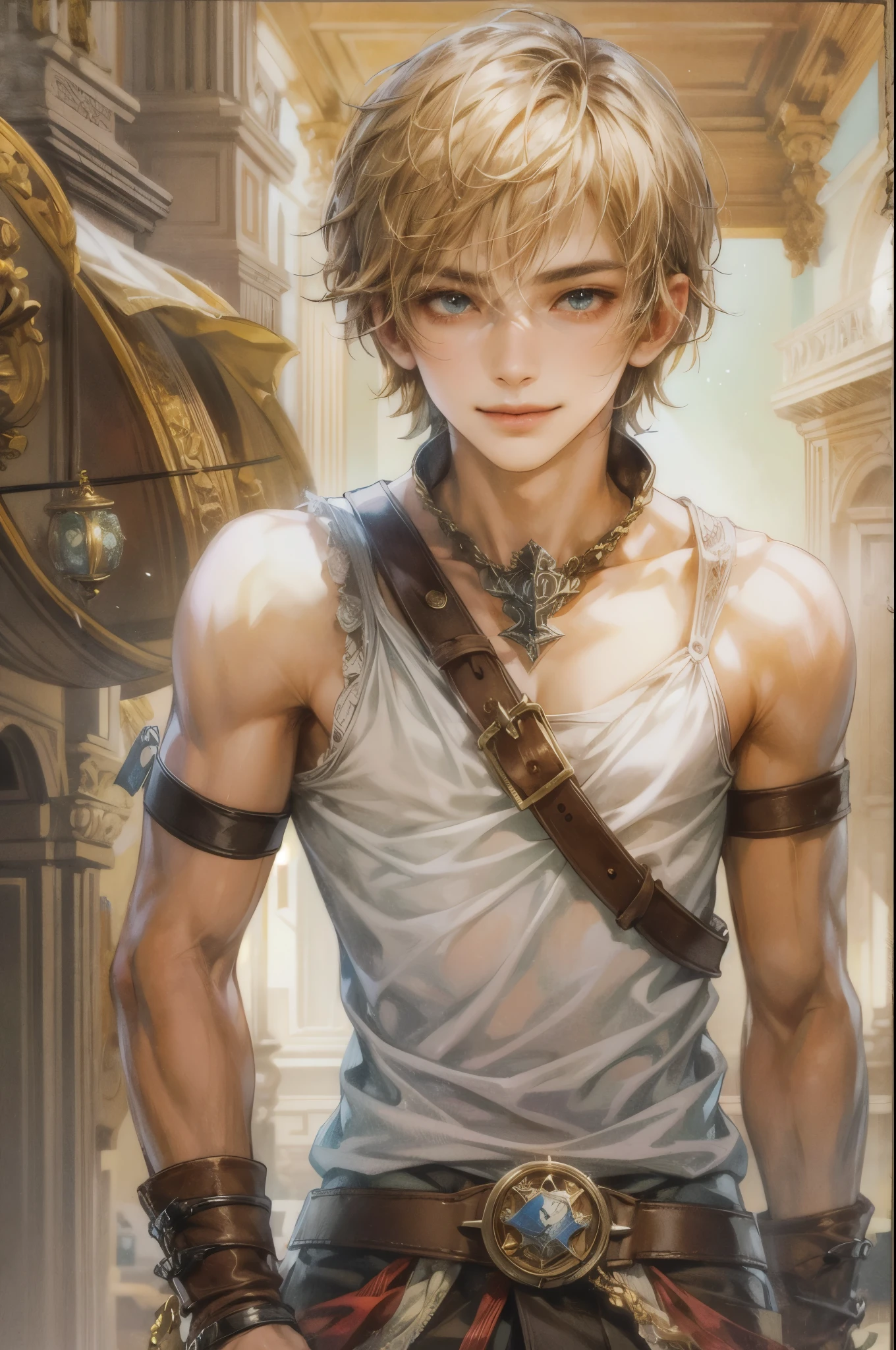 Portrait of the highest quality - 1 boy., 17 years, teenage, character from Final Fantasy XII, short hair, with golden eyes, big eyes, town, Solo-focal facial treatment for teenagers, shirtless , Beautiful, smiling, dynamic pose, detailed and correct facial structure, perfect face, extremely detailed, Dynamic angle, cowboy shot, The Most Beautiful Shape, elegant, Bright colors, romanticism, atmospheric. Bright, contrasting colors ! photo portrait of a handsome boy in the highest quality