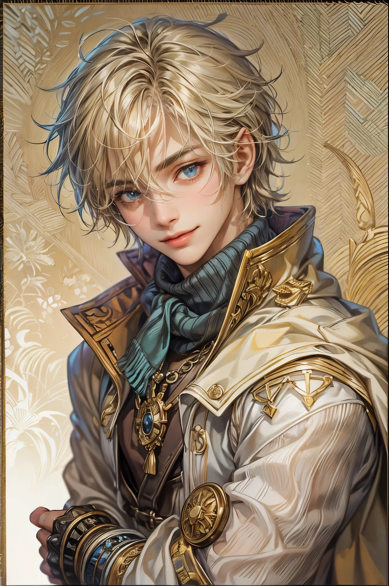 Portrait of the highest quality - 1 boy., 17 years, teenage, character from Final Fantasy XII, short hair, with golden eyes, big eyes, town, Solo-focal facial treatment for teenagers, shirtless , Beautiful, smiling, dynamic pose, detailed and correct facial structure, perfect face, extremely detailed, Dynamic angle, cowboy shot, The Most Beautiful Shape, elegant, Bright colors, romanticism, atmospheric. Bright, contrasting colors ! photo portrait of a handsome boy in the highest quality