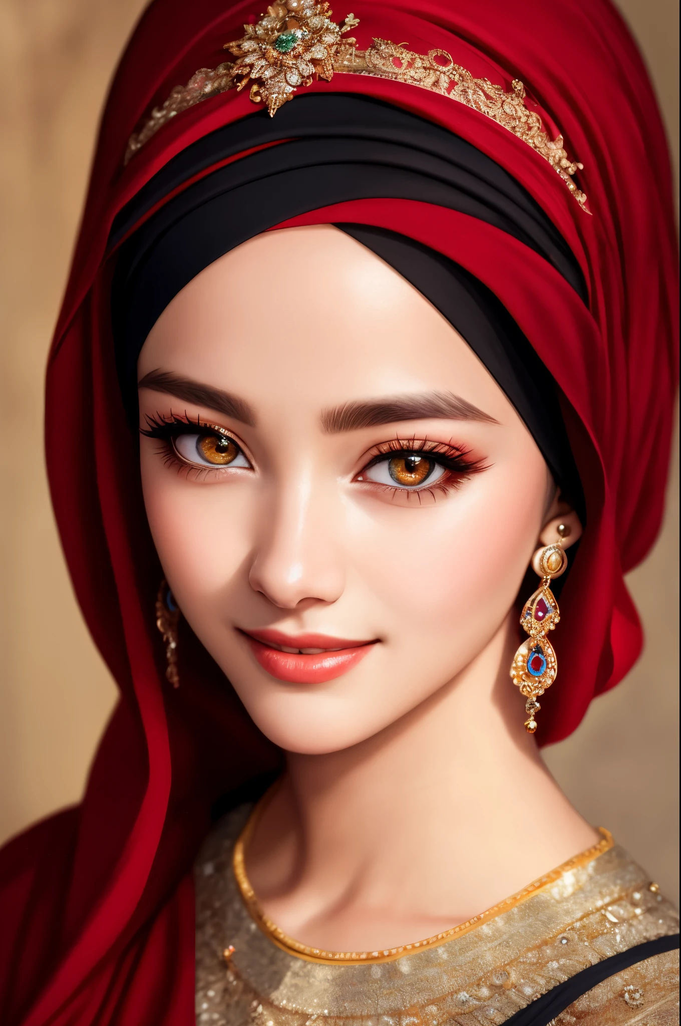 (best quality), (photo-realistic:1.2),realistic skin texture, beautiful European lady,Cute European ,Double eyelid, bangs, red bob cut, wearing hijab, Thin,(figure),slim,smile, earrings, looking at viewer,face focus, depth of field,wearing islamic uniform
