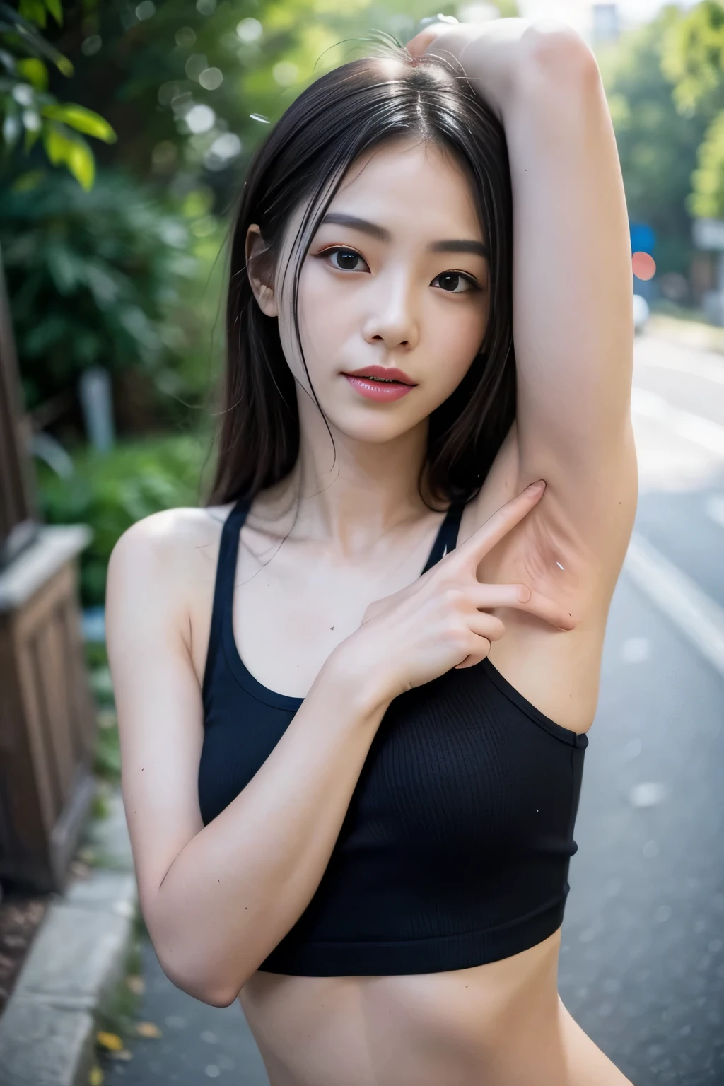table top,Awards - winning photos, very detailed, edge orgasm, deeply carved face、Tank top、high nose with a pointed point,,,,,,,,,,,,,,,,,,,,,,,,strong nose、elongated nostrils、Skin shiny with sweat、Illumination that highlights the shine of sweat{realistic nostrils}, black haired、Hiding behind a telegraph pole on the side of the road、there are a lot of people behind me,There are several nearby、well-shaped chest、expand the armpits,