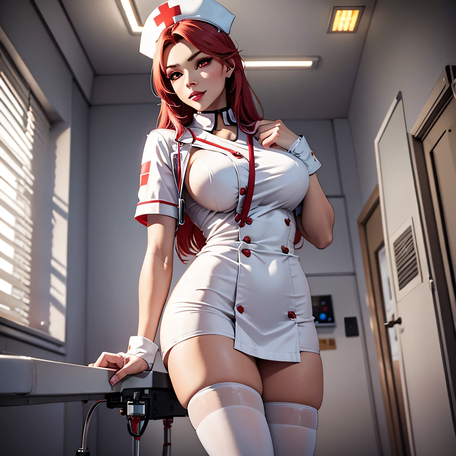 1woman, Nurse, Nurse Cap, wet White ware, ((White leg-wear, zettai ryouiki)), White Gloves, Long hair, red hair, Red eyes, pink lipsticks, Smile, Standing, ((Hospital room)), sharp outline, Short sleeves, a natural female, 35 year old, Best Quality, masterpiece, voluptuous body