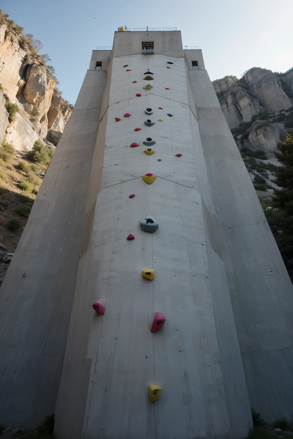 ((best quality)), ((masterpiece)), (detailed), futuristic climbing wall in a mountain side. There is big shapes in the wall. Lot of height differences