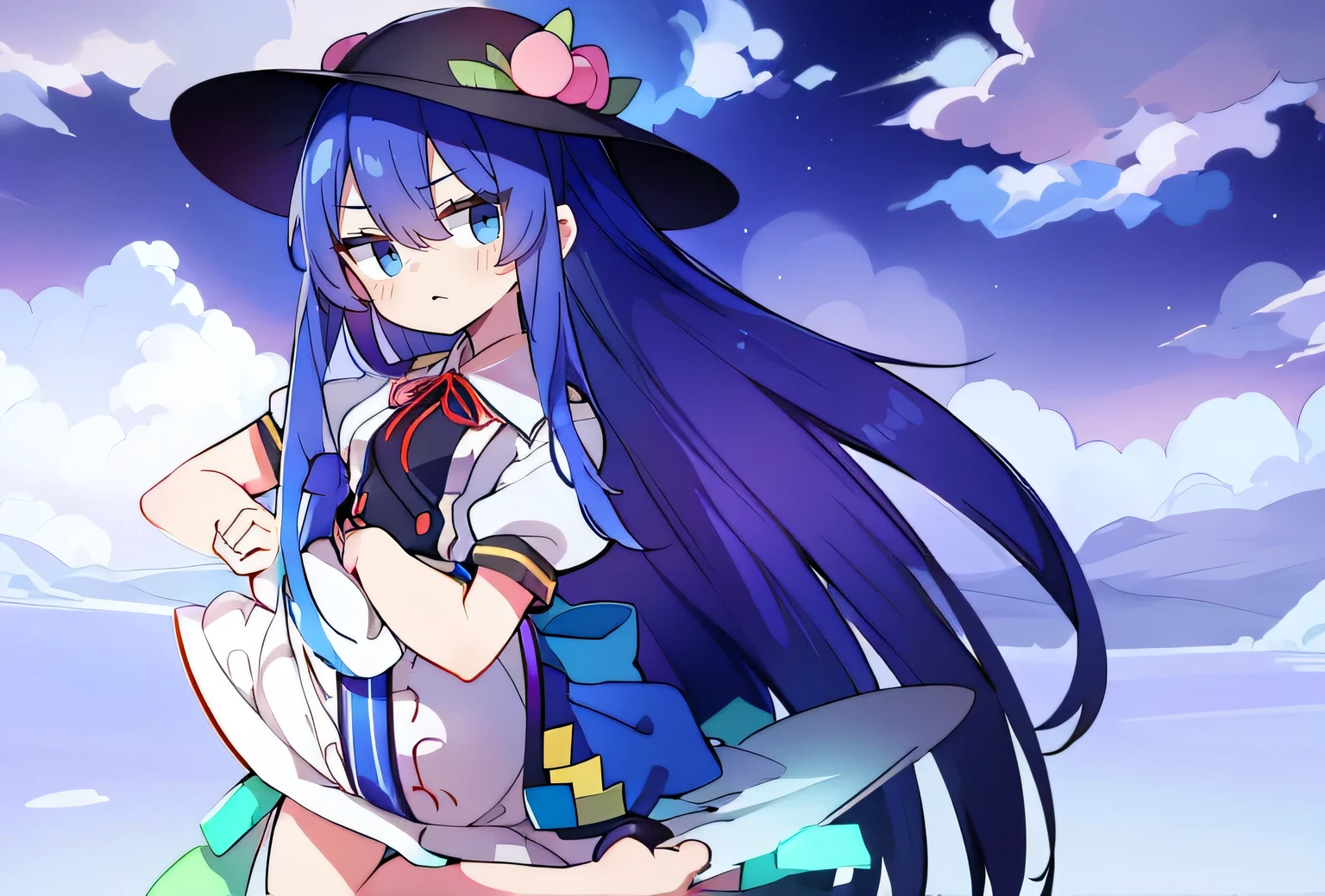 (masterpiece),best quality, expressive eyes, perfect face, 1girl,
Put your hands on your waist,Fair, Gorgeous,japanese manga,girl,Laura,Young angels, blue hair, blue haired, floating clothes,grab your waist, grab your waist, hands on hips , hands on hips,sit, sit on ground, legs on the ground, flat chest