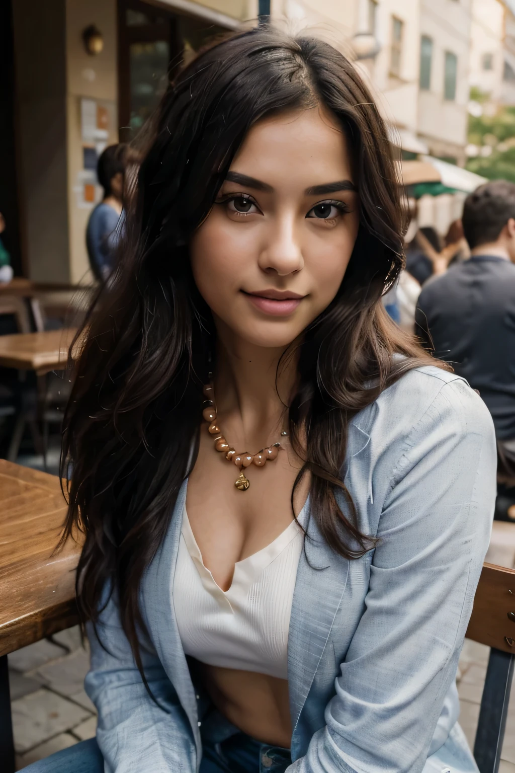 (in 8K, Raw-Photo, best quality, ​masterpiece:1.2), 1 girls , 20yo, 3/4 body, a beauty, asian, japanese mix, Balkans ancestry, slim normal body, black hair, (wavy hair), long hair,(Show your teeth and smile), looking at viewer, blazers, tucked in shirts, ripped skinny jeans, office outfit, professional look, (beads necklace:1.2), ((The highest quality, 16 k, masterpiece: 1.3)), Biologically Correct Human, reference, detailed faces, detailed lips, detailed eyes, glittering eyes, realistic pupils, brown pupils, outdoor, siting, elegance, at the coffee shop, light on the face, golden hours, ambience light, backlight, summer, people in the background watching, cinematic look, deep depths of field, blurry background