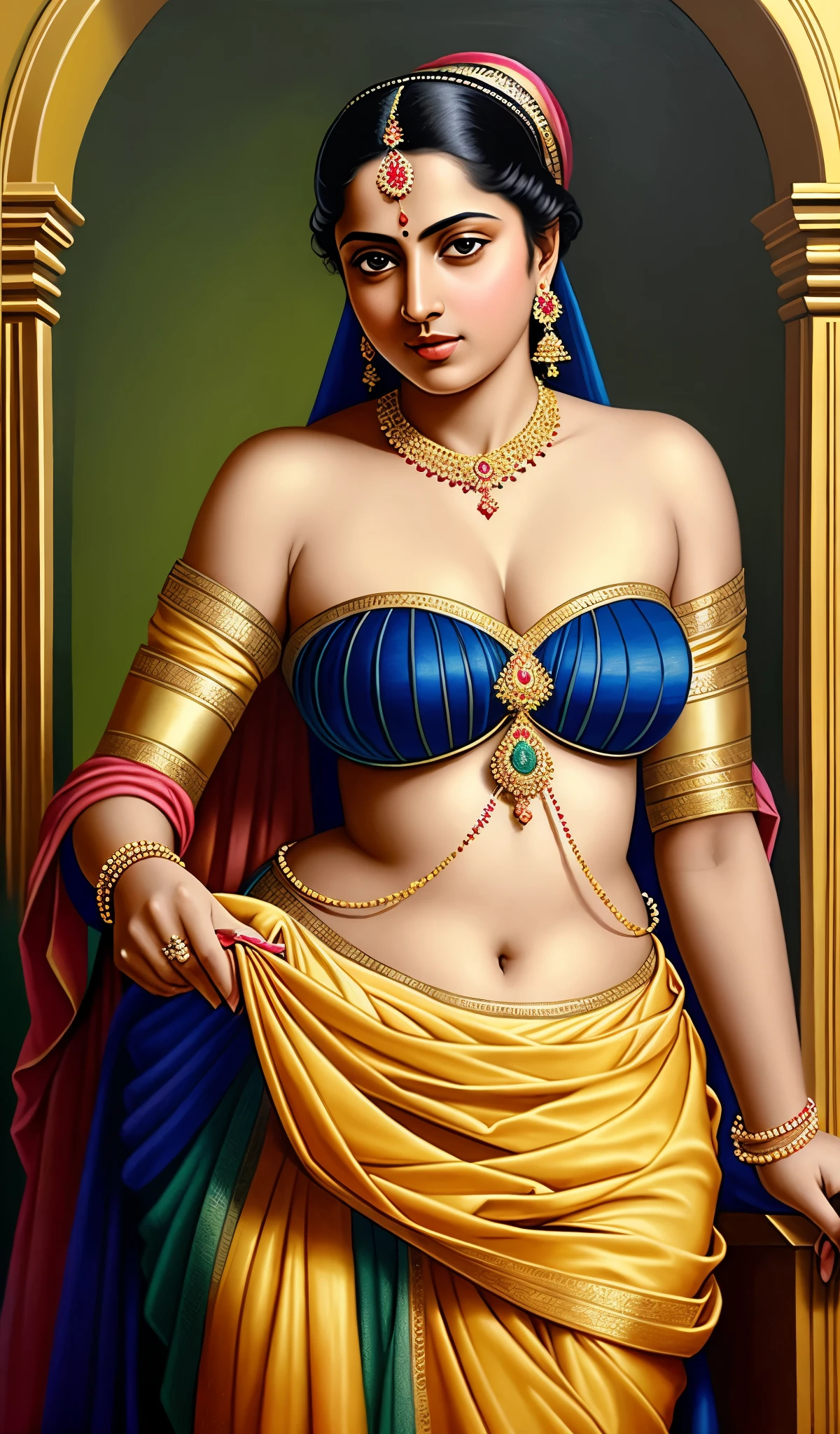 Masterpiece,8k uhd, hdr, realistic, hyper realistic, intricate, vibrant colour, painting of a woman in a yellow sari, pierced eyes, traditional beauty, inspired by Raja Ravi Varma, indian art, by Raja Ravi Varma, painting of beautiful, inspired by T. K. Padmini, painting of a woman, by Sardar Sobha Singh, gorgeous woman, oil on canvas painting, traditional painting, oil-painting, intricate details, 19th century Academic Art,
