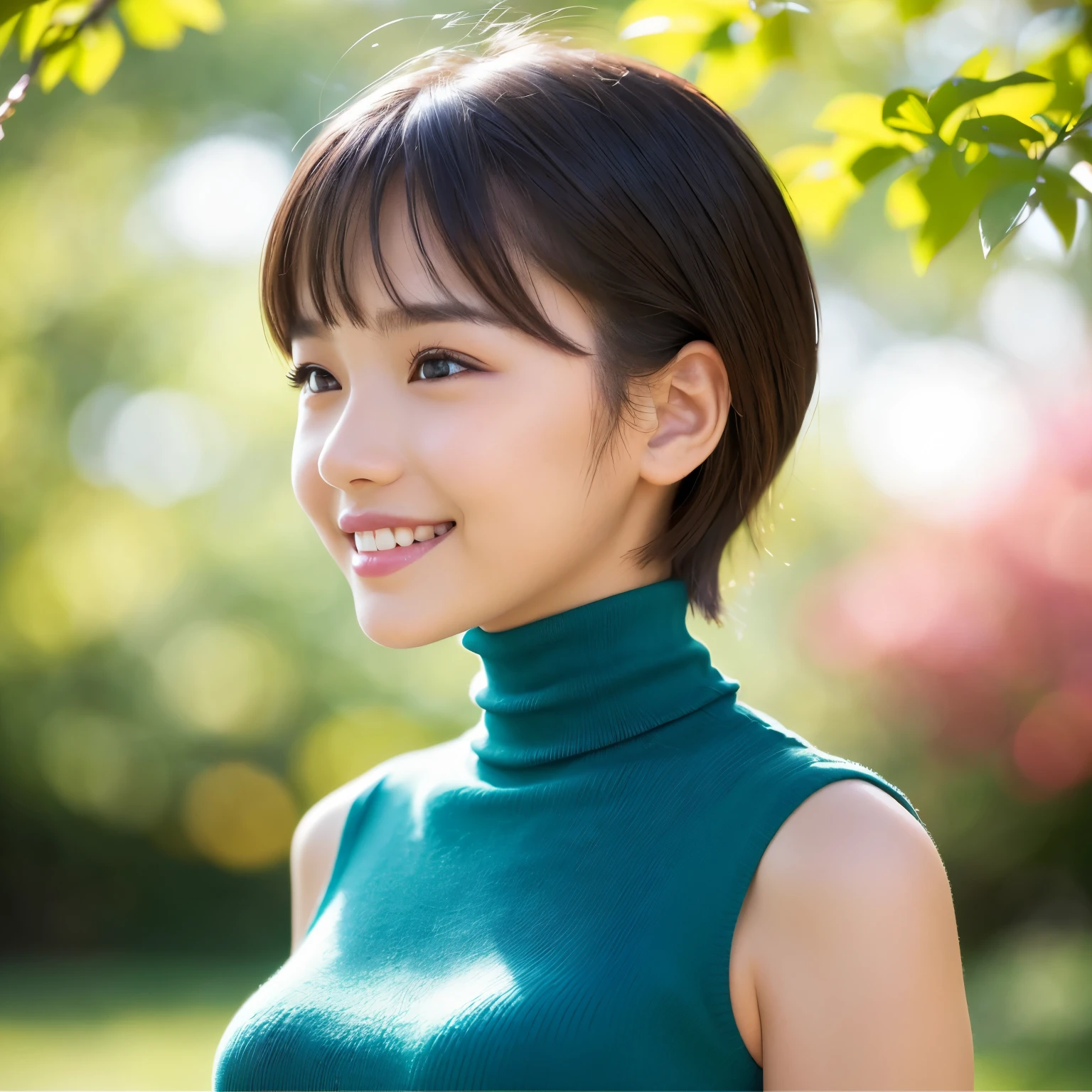 (highest quality、table top、8K、best image quality、Award-winning work)、( girl:1.)、(Perfect Sleeveless Turtleneck Knit Sweater Dress:1.3)、(short hair:1.1)、(very young girl&#39;s face:1.5)、the best smile looking at me、(super huge breasts:1.5)、Exactly、(photo from the chest up:1.1)、(Photo from the side:1.5)、(Huge lateral breasts:1.1)、(A smile staring at me from the side:1.3)、(emphasize body line:1.2)、low length、(glamorous body:1.2)、(Chubby body type:1.2)、(Beautiful park background with strong blur:1.1)、The most natural and perfect beauty park、A perfectly maintained normal park、stand gracefully、Refreshing scenery、natural makeup、Ultra high definition beauty face、(Super high resolution perfect teeth:1.1)、ultra high definition hair、Super high-definition sparkling eyes、(Super high resolution glossy skin:1.1)、Super high resolution glossy lips、(accurate anatomy:1.1)、(very bright and vivid:1.3)、(Beautiful skin that shines brightly:1.3)