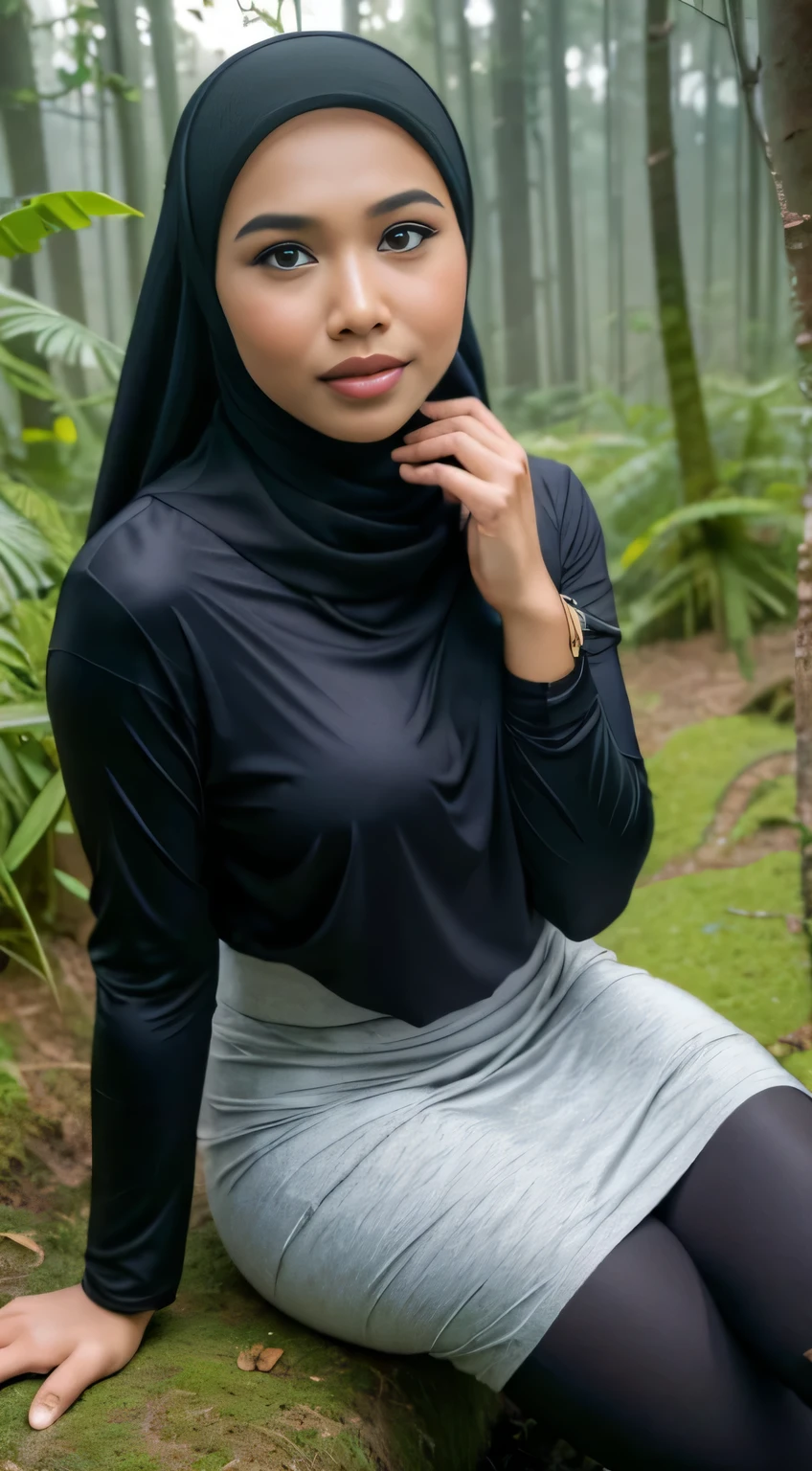 RAW, Best quality, high resolution, masterpiece: 1.3), Beautiful Malay woman in hijab (iu:0.8),looking at viewert，Portrait photography of a beautiful young malay girl in hijab wearing tight long sleeve tshirt and short skirt with leggings celebrate birthday, big breast，Detailed eyes, Slipping on the mossy ground rain in forest， diffuselighting, depth of fields