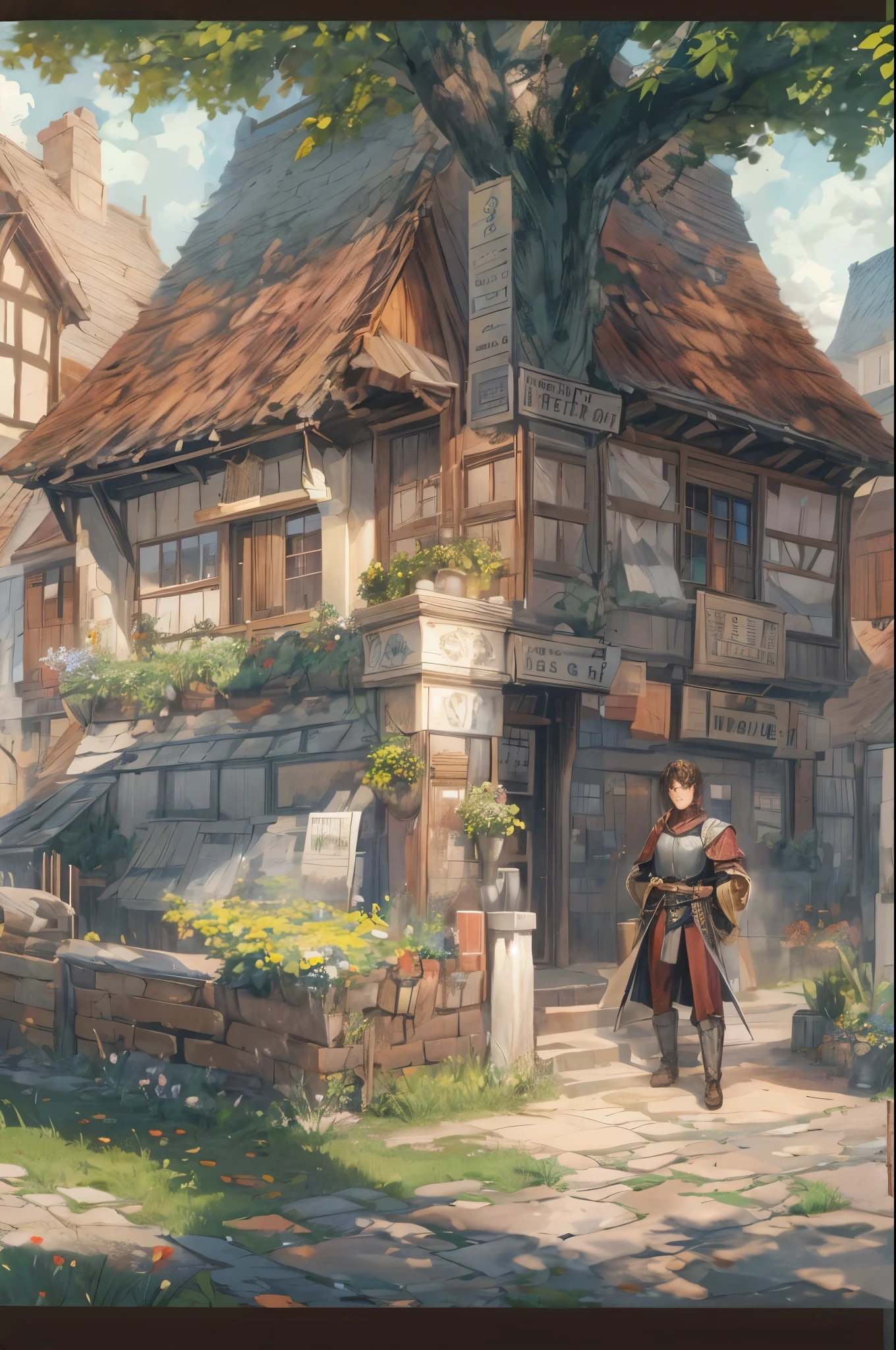 (masterpiece,best quality,ultra_detailed,highres,absurdres), close-up , perfect face, handsome boy, shorthair, character from shining force, detailed scenery of town england style, detailed character