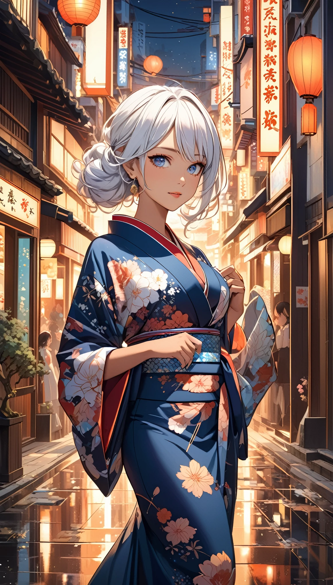 Craft an illustration of an anime girl with a perfect hourglass figure, white hair, and tan Japanese skin, in a new and lively pose. She wears a kimono that gracefully outlines her curves, reflecting the golden ratio. The kimono is adorned with a contemporary design that signifies innovation and progress. Her eyes are meticulously detailed, shining with clarity and emotion, inviting the viewer into her vibrant world. The background features a richly detailed cityscape of Japan at night, alive with the glow of lights and the energy of the urban environment. This artwork aims to capture the entire scene, emphasizing the anime girl’s exquisite beauty, the sophistication of her kimono, and the dynamic backdrop of the night in Japan. The image is a masterpiece, portraying the anime girl in a fresh pose that highlights her character’s depth and the artistic harmony of the scene.