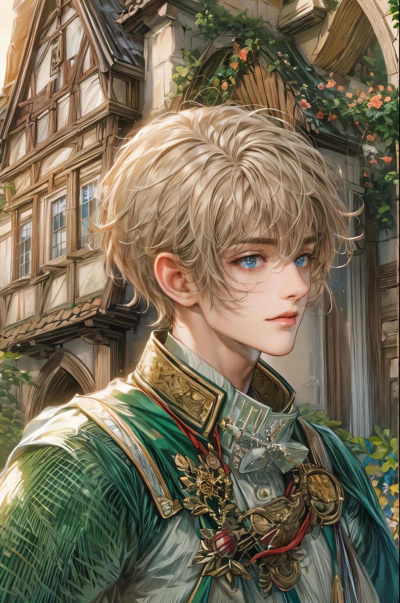 (masterpiece,best quality,ultra_detailed,highres,absurdres), close-up , perfect face, handsome boy, shorthair, character from shining force, detailed scenery of town england style, detailed character 