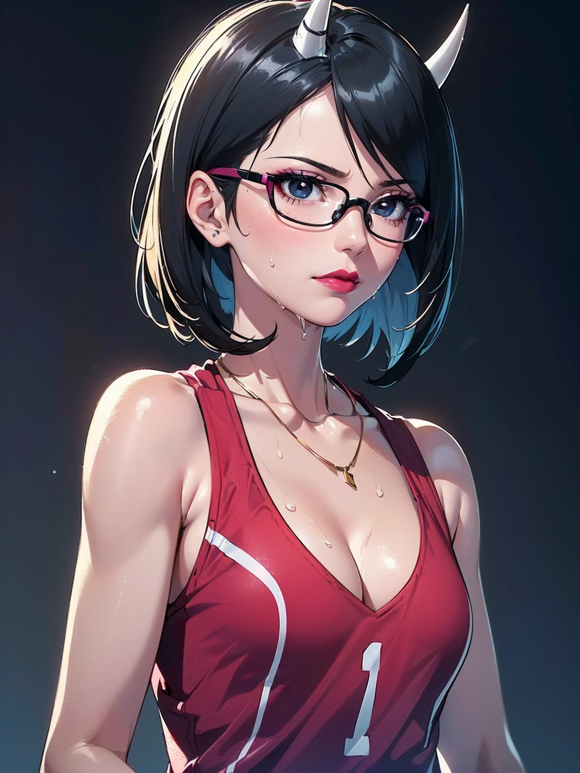 (1girl, solo, alone), (WakatsukiRisa, Sarada Uchiha, black hair, short hair, black eyes, red glasses), ((solo, (1woman, pink lipstick, (small breasts), black eyes), Extremely detailed, ambient soft lighting, 4k, perfect eyes, a perfect face, perfect lighting, a 1girl)), austere, ((fitness, muscular, shapely body, athletic body, toned body)), ((standing, studio background, small horns on forehead, makeup, mascara, Soft or colored lips, simple background, minimalism, monotone, simple color palettes, clean, fluid silhouettes, volleyball outfit, Asymmetrical, geometric, Stylish materials and designs and luxurious, Simple and minimalist accessories, Fine necklaces and rings in silver or gold, Simple bracelets, Different designs, simple silhouettes, simple and sophisticated style, elegance, minimalism, high quality materials, Fresh and urban print, high fashion, Simplicity and sophistication, blue, blue color, sexy, short clothing, wet, sexy, Erotic, cleavage, youthful appearance, yoga, Shy, sweaty))