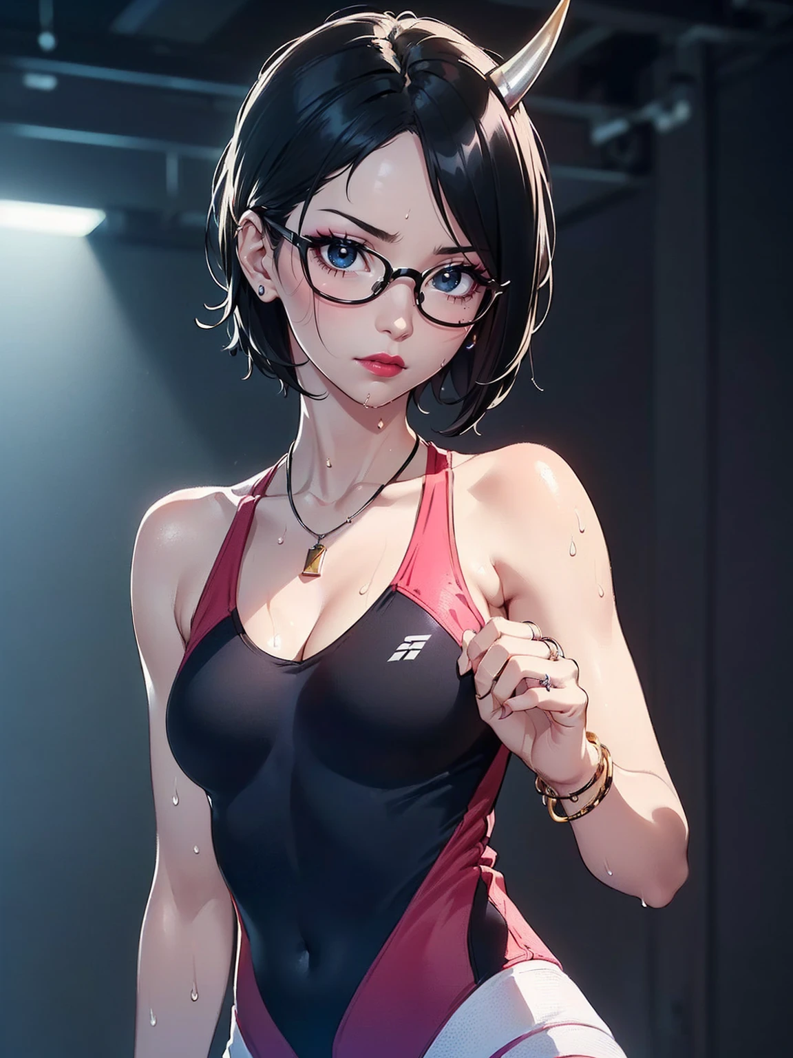 (1girl, solo, alone), (WakatsukiRisa, Sarada Uchiha, black hair, short hair, black eyes, red glasses), ((solo, (1woman, pink lipstick, (small breasts), black eyes), Extremely detailed, ambient soft lighting, 4k, perfect eyes, a perfect face, perfect lighting, a 1girl)), austere, ((fitness, muscular, shapely body, athletic body, toned body)), ((standing, studio background, small horns on forehead, makeup, mascara, Soft or colored lips, simple background, minimalism, monotone, simple color palettes, clean, fluid silhouettes, volleyball outfit, Asymmetrical, geometric, Stylish materials and designs and luxurious, Simple and minimalist accessories, Fine necklaces and rings in silver or gold, Simple bracelets, Different designs, simple silhouettes, simple and sophisticated style, elegance, minimalism, high quality materials, Fresh and urban print, high fashion, Simplicity and sophistication, blue, blue color, sexy, short clothing, wet, sexy, Erotic, cleavage, youthful appearance, yoga, Shy, sweaty))