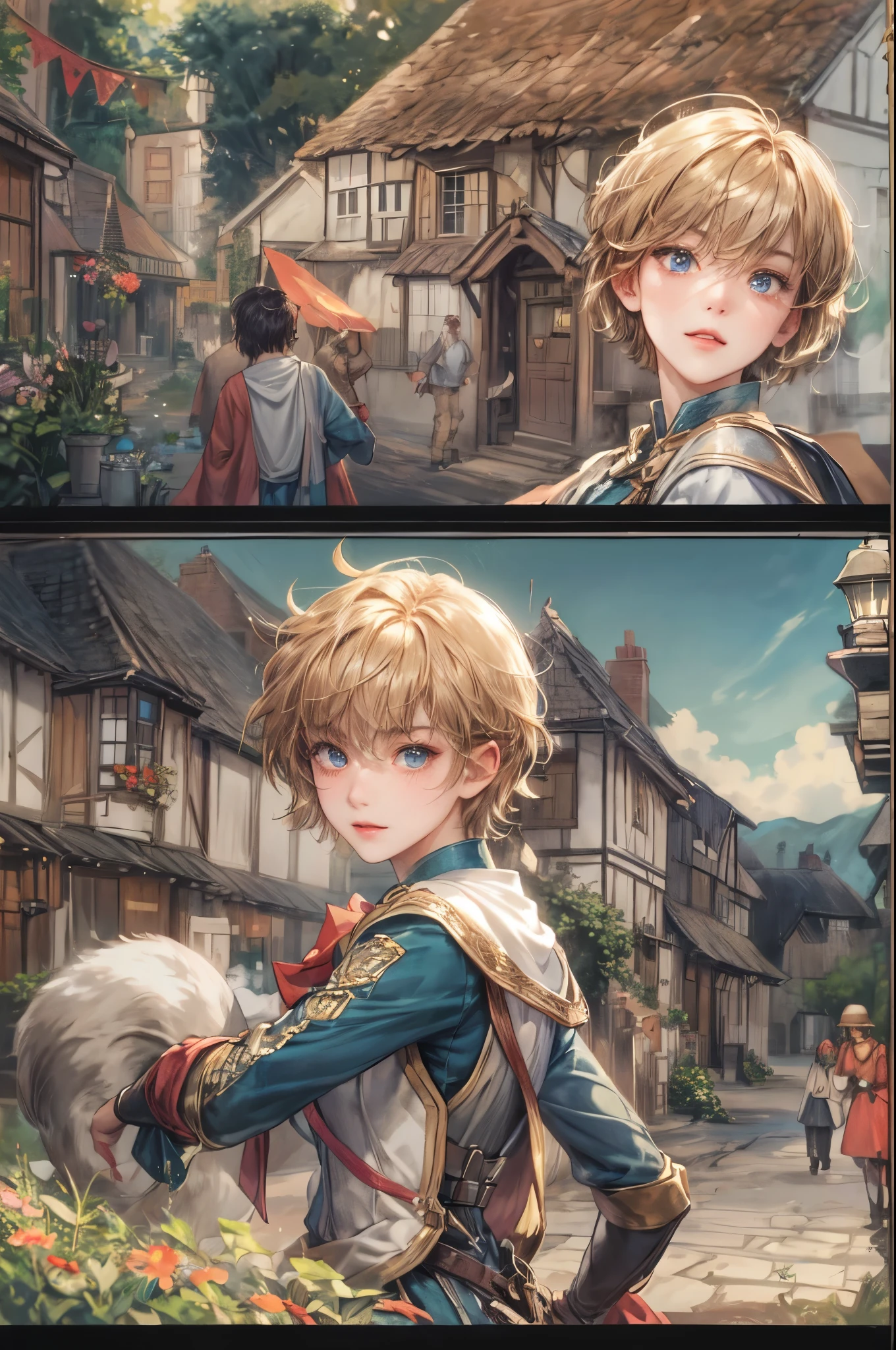 (masterpiece,best quality,ultra_detailed,highres,absurdres), close-up , perfect face, handsome boy, shorthair, character from shining force, detailed scenery of town england style, detailed character