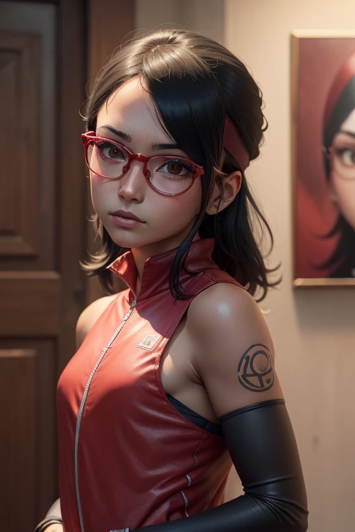 (high resolution,obra maestra:1.2),ultra detallado,realista,profesional,hermosos ojos detallados,hermosos labios detallados,Pelo oscuro,pelo negro corto,gafas rojas,impresionantes ojos negros,piel clara,18 year old girl,peinado corto de moda,vibrant gafas rojas,Academia Shinobi,fierce determination,postura segura,crimson suit,mirada intensa,background full of ninjutsu techniques,shadows that skillfully accentuate your features,Subtle studio lighting,realismo sublime,tonos de colores llamativos