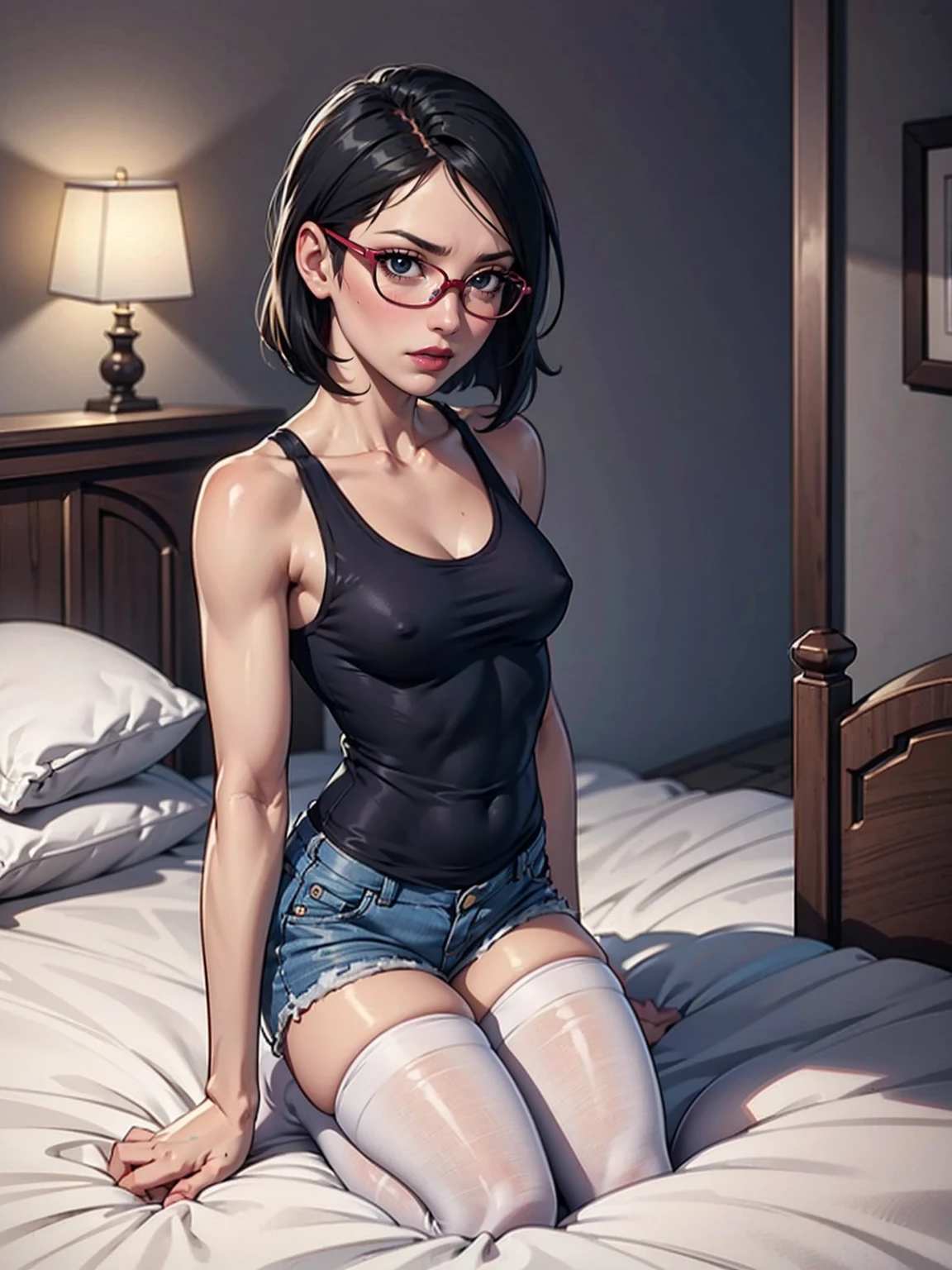 (1girl, solo, alone), (WakatsukiRisa, Sarada Uchiha, black hair, short hair, black eyes, red glasses), ((solo, (1woman, pink lipstick, (small breasts), black eyes), Extremely detailed, ambient soft lighting, 4k, perfect eyes, a perfect face, perfect lighting, a 1girl)), austere, ((fitness, muscular, shapely body, athletic body, toned body)), ((yellow tank top, short tank top, women's yellow tank top, denim shorts, mini denim shorts, long white stockings, (thigh highs, crochet white stockings, wool white stockings), in bed, kneeling on the bed, legs open, blushing room, poster, blushing, shy))